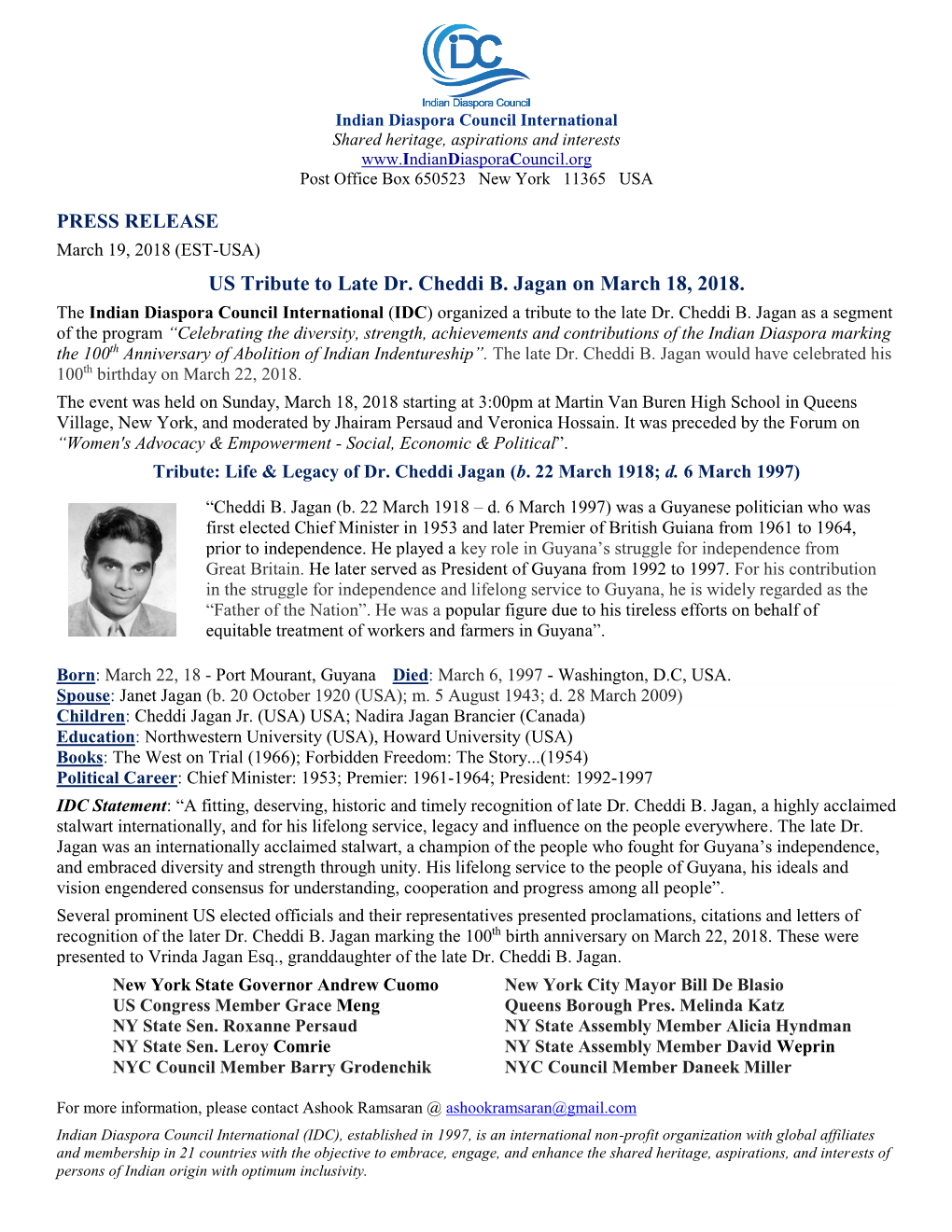 US Tribute to Late Dr. Cheddi B. Jagan on March 18, 2018