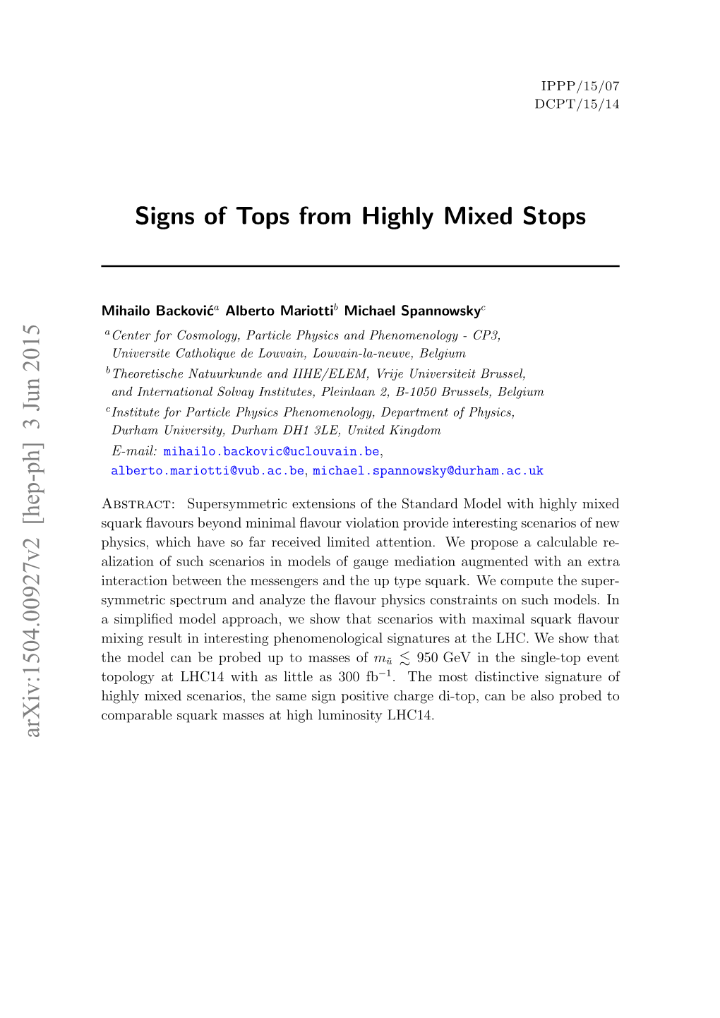 Signs of Tops from Highly Mixed Stops Arxiv:1504.00927V2 [Hep-Ph]