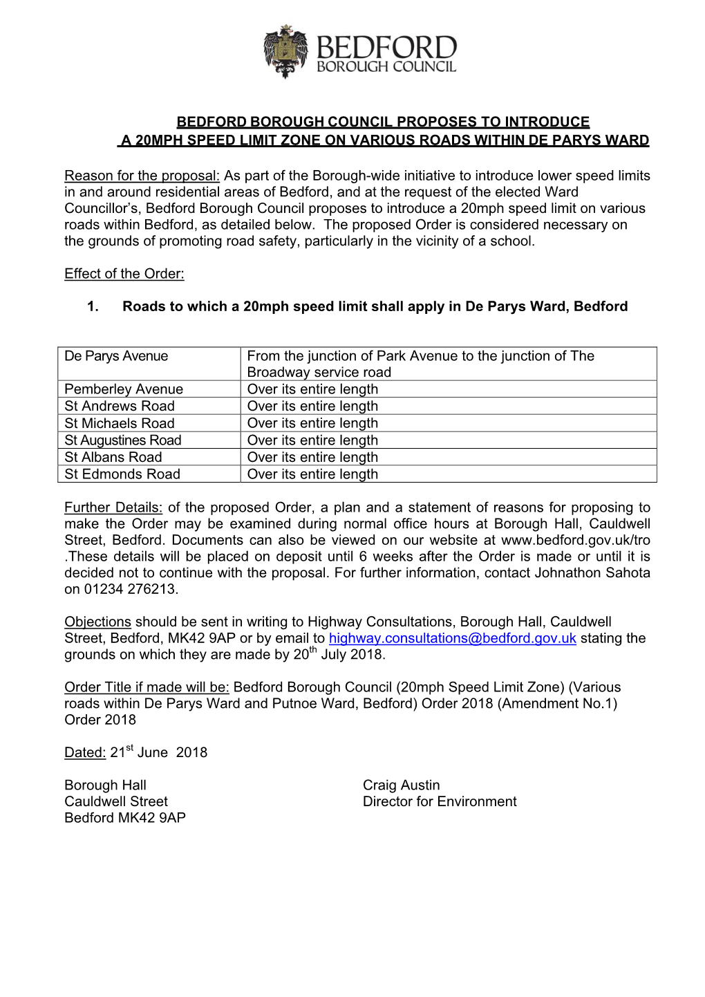 Bedford Borough Council Proposes to Introduce a 20Mph Speed Limit Zone on Various Roads Within De Parys Ward