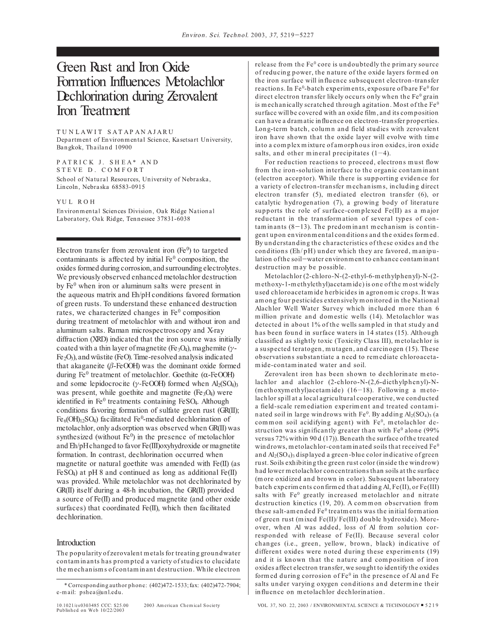 Green Rust and Iron Oxide Formation Influences Metolachlor