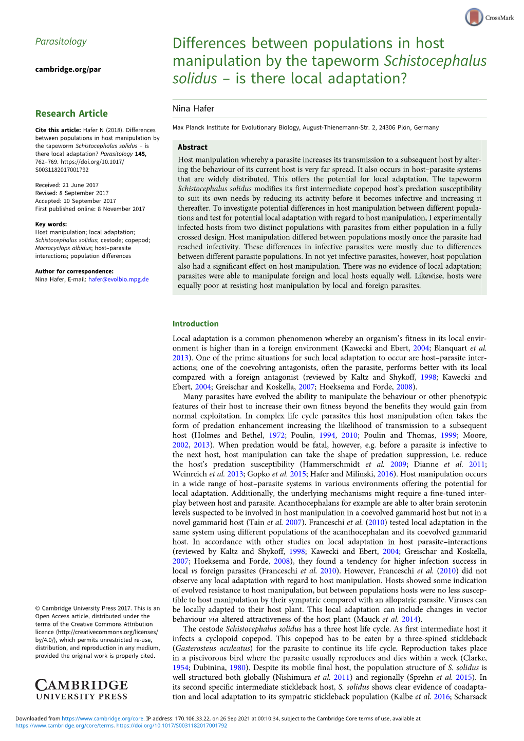 Differences Between Populations in Host Manipulation by the Tapeworm Schistocephalus Cambridge.Org/Par Solidus – Is There Local Adaptation?