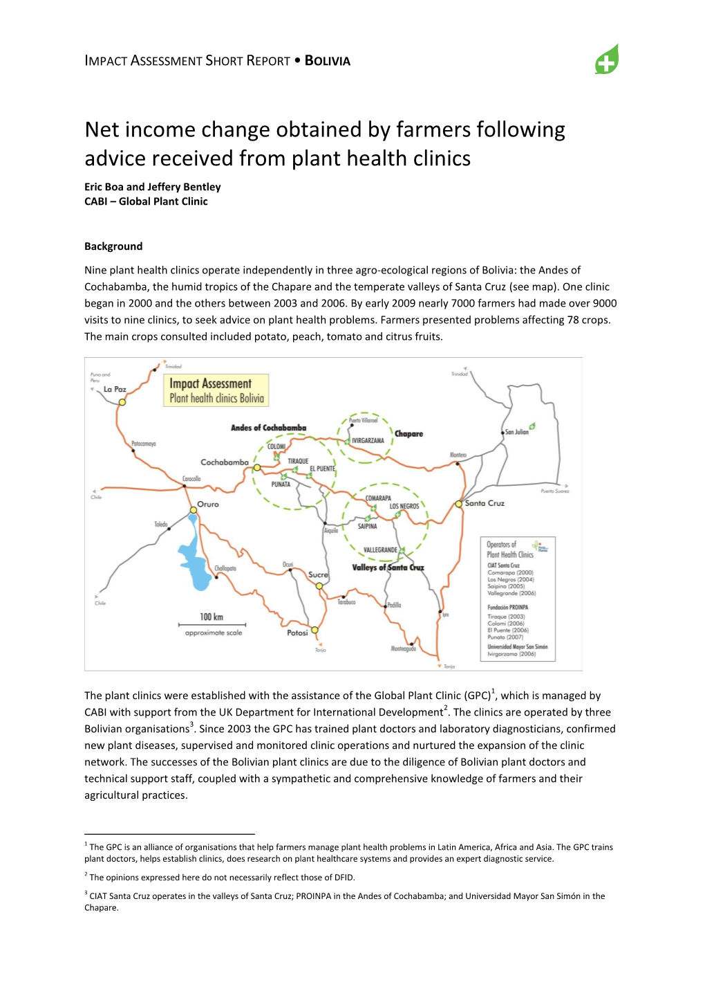 Bolivia Tables for Impact Assessment Summary