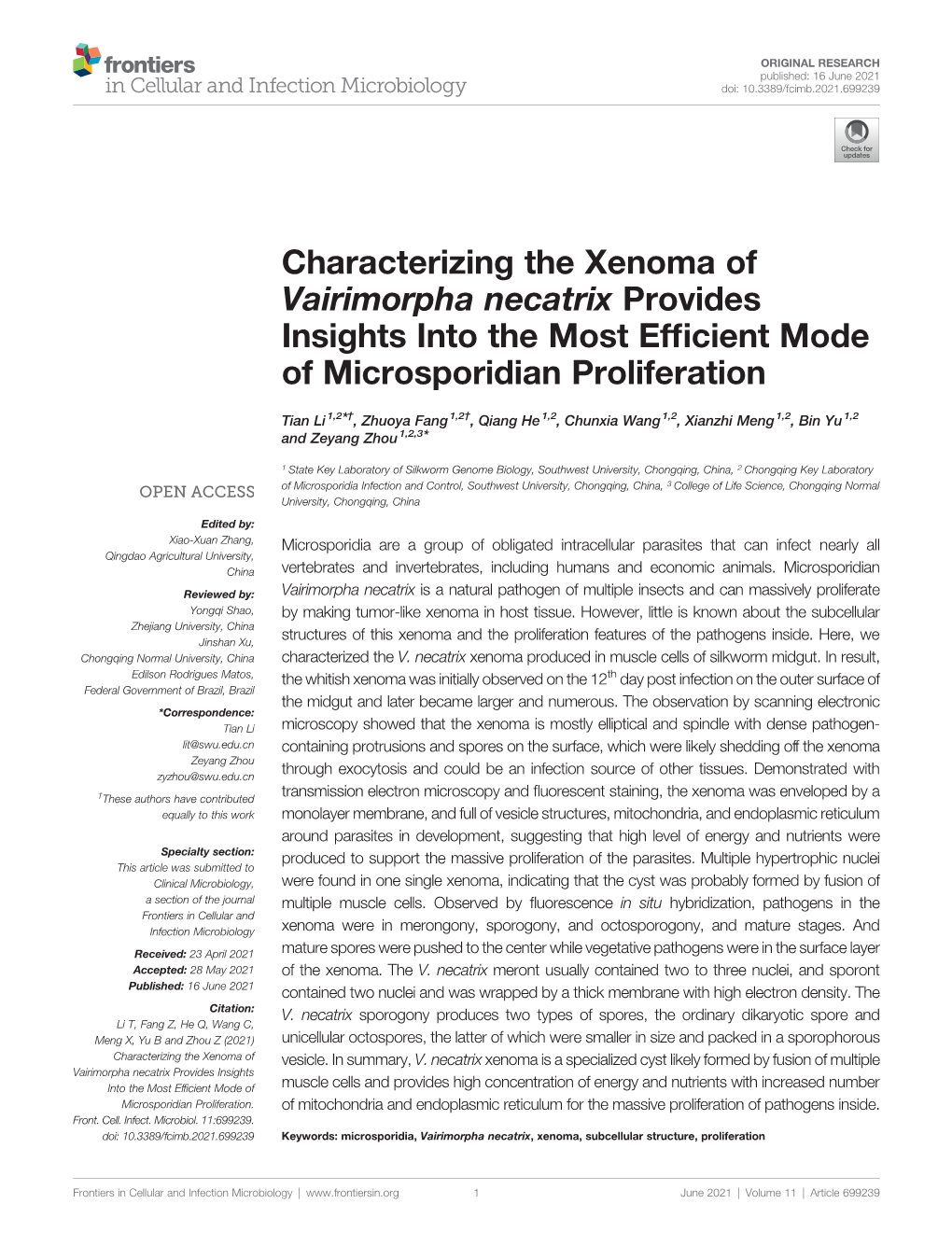 Characterizing the Xenoma of Vairimorpha Necatrix Provides Insights Into the Most Efficient Mode of Microsporidian Proliferation