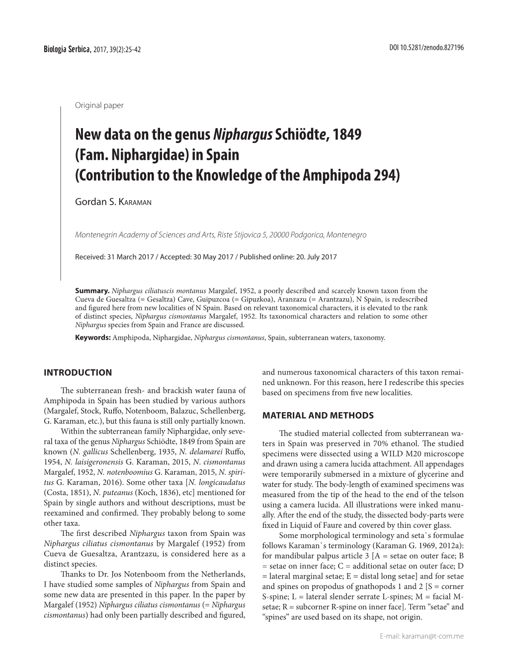 New Data on the Genus Niphargus Schiödte, 1849 (Fam. Niphargidae) in Spain (Contribution to the Knowledge of the Amphipoda 294)