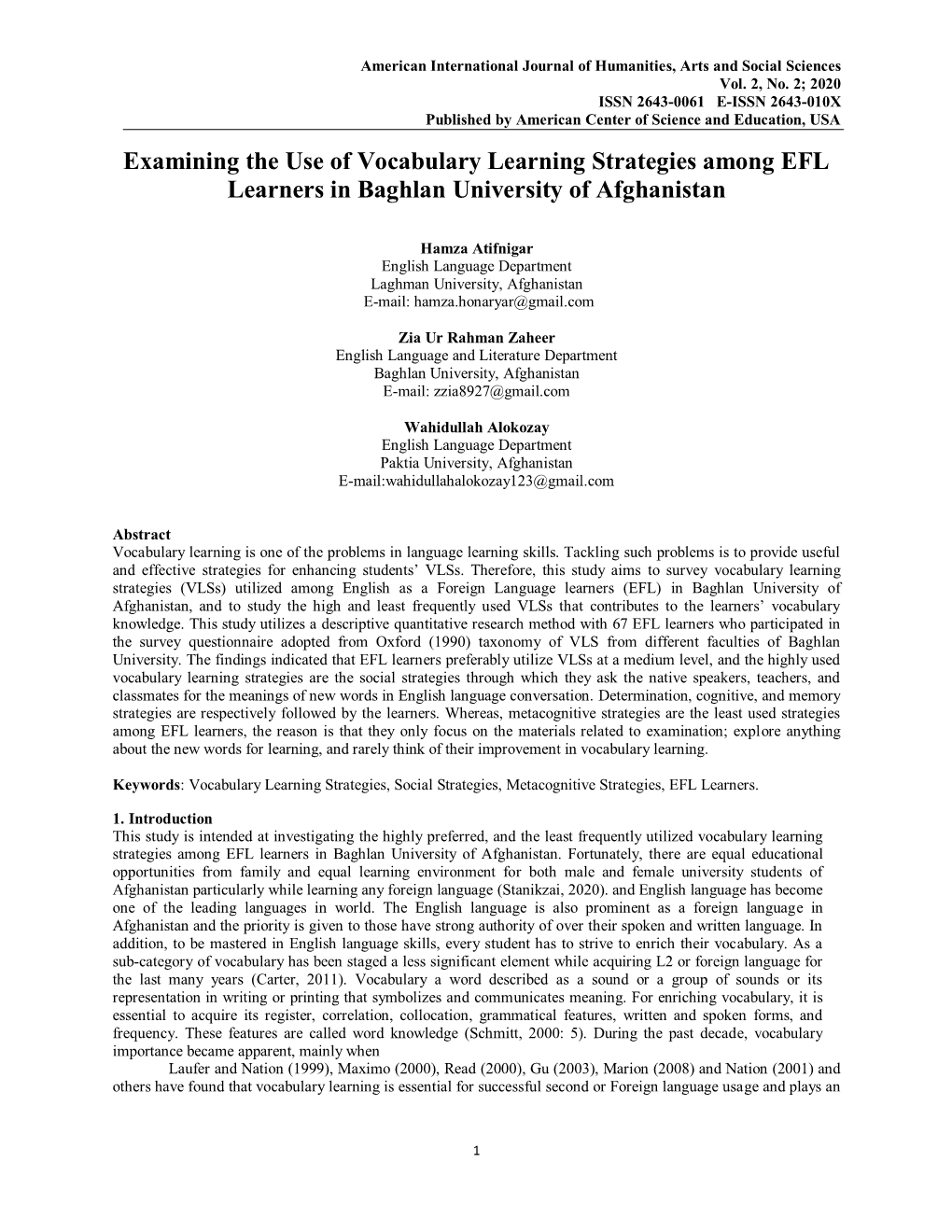 Examining the Use of Vocabulary Learning Strategies Among EFL Learners in Baghlan University of Afghanistan
