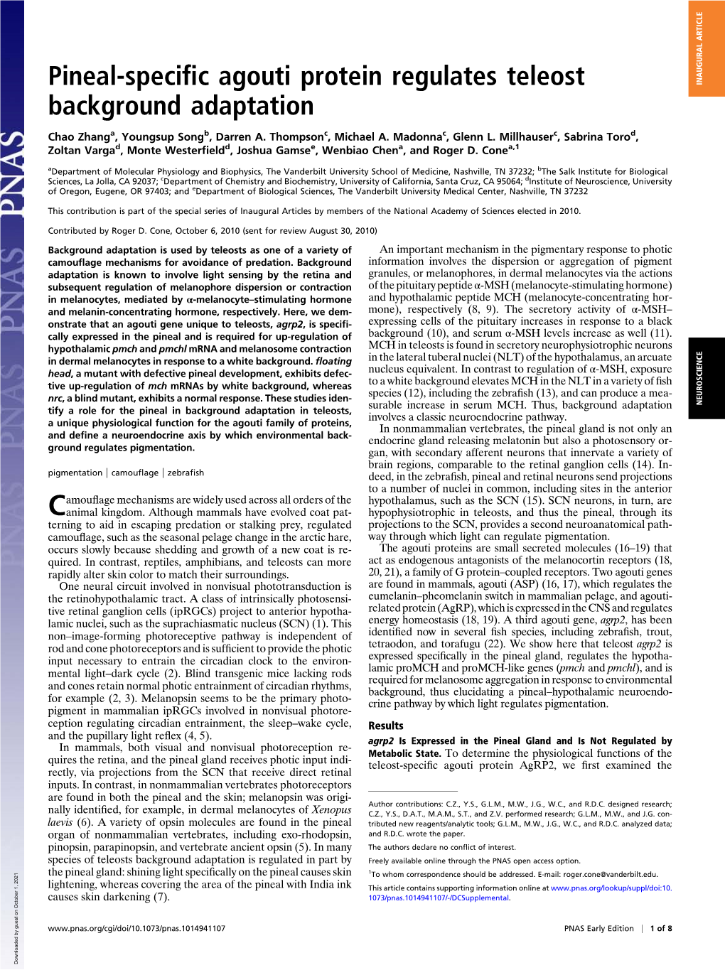 Pineal-Specific Agouti Protein Regulates Teleost Background Adaptation