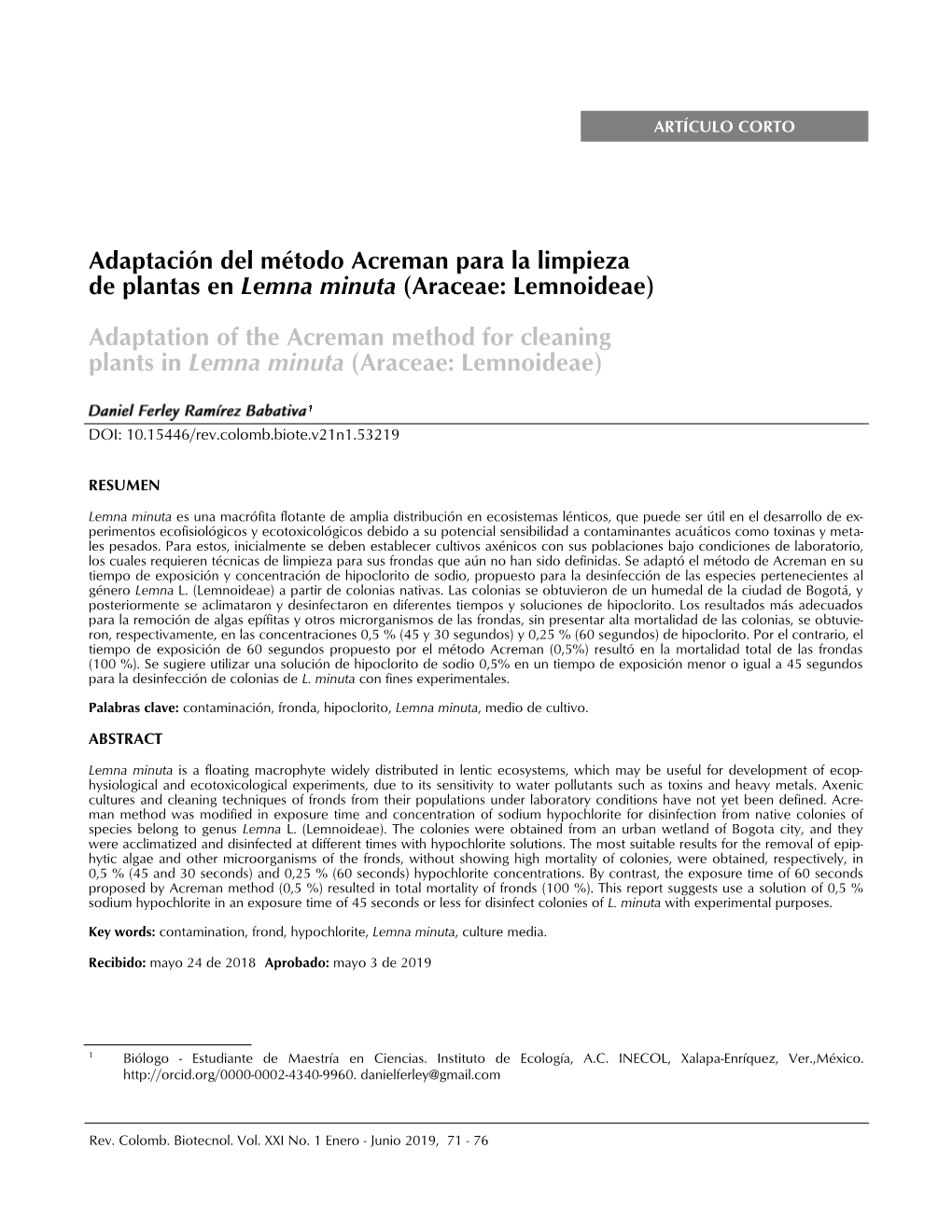 Adaptación Del Método Acreman Para La Limpieza De Plantas En Lemna Minuta (Araceae: Lemnoideae)