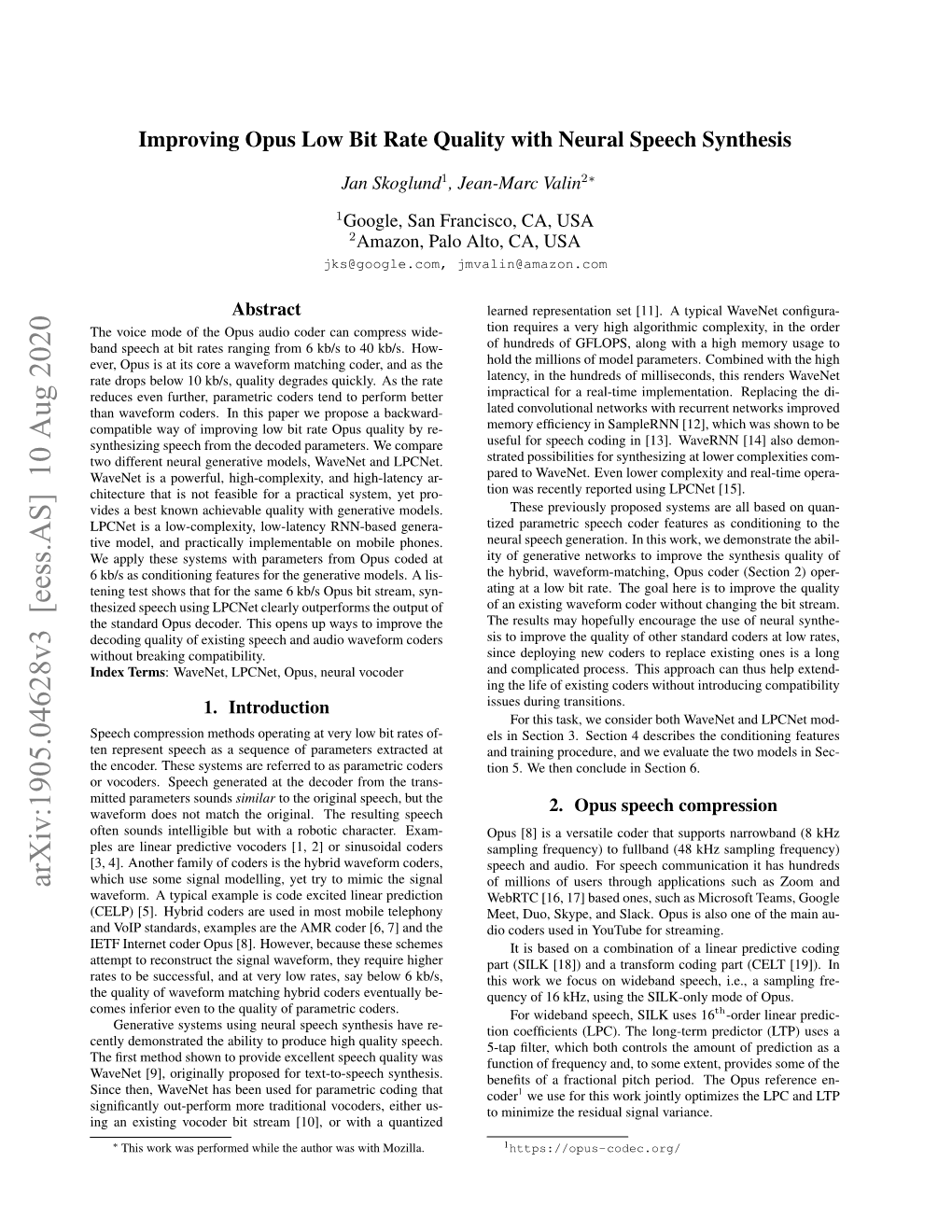 Improving Opus Low Bit Rate Quality with Neural Speech Synthesis