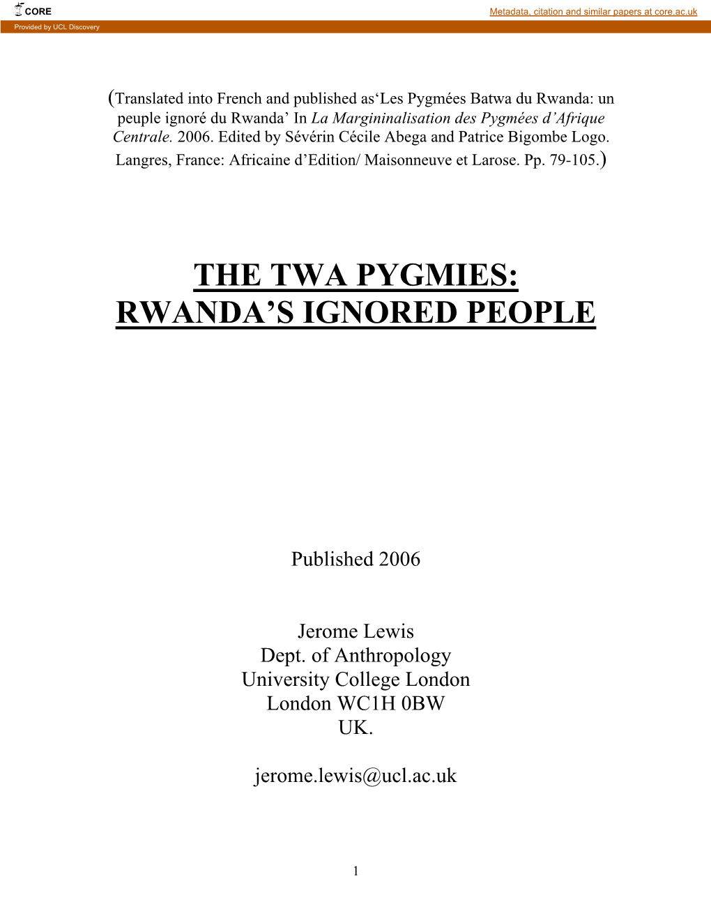 The Twa of Rwanda Continue to Be Ignored by Mainstream Rwandan Society and the Media