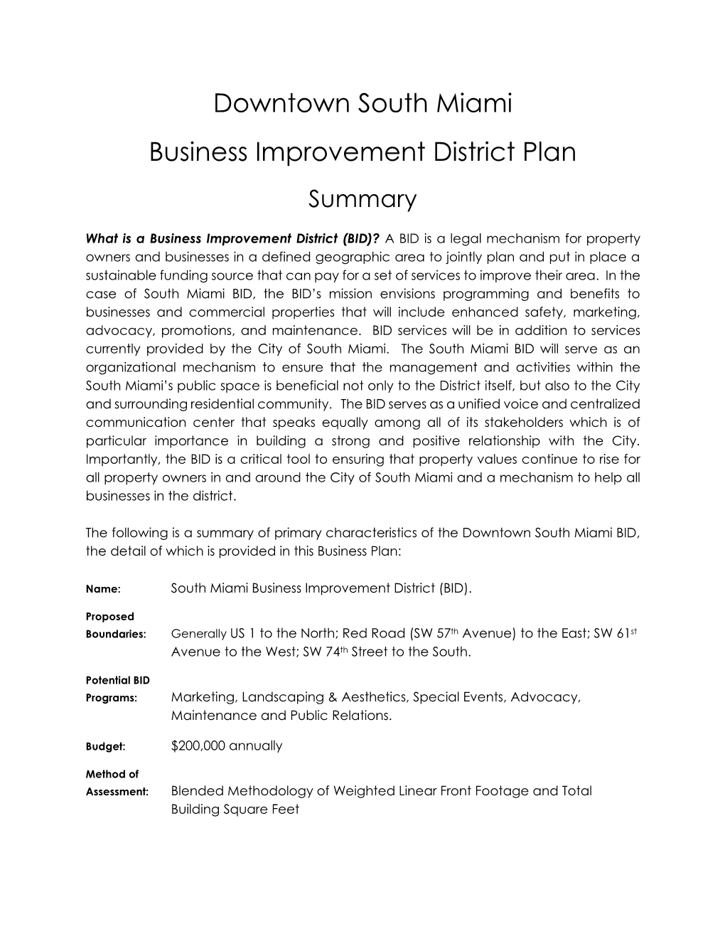 Downtown South Miami Business Improvement District Plan Summary