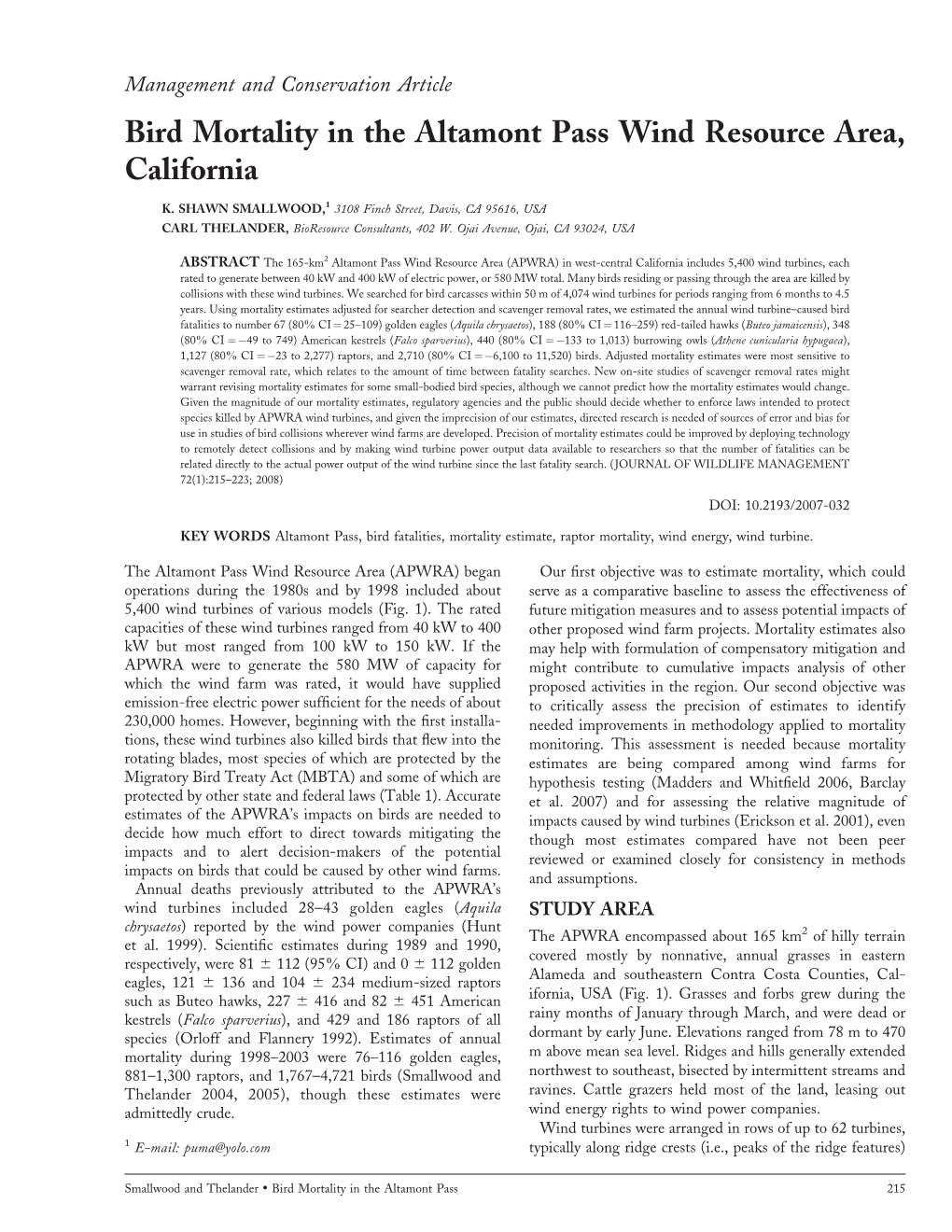 Bird Mortality in the Altamont Pass Wind Resource Area, California