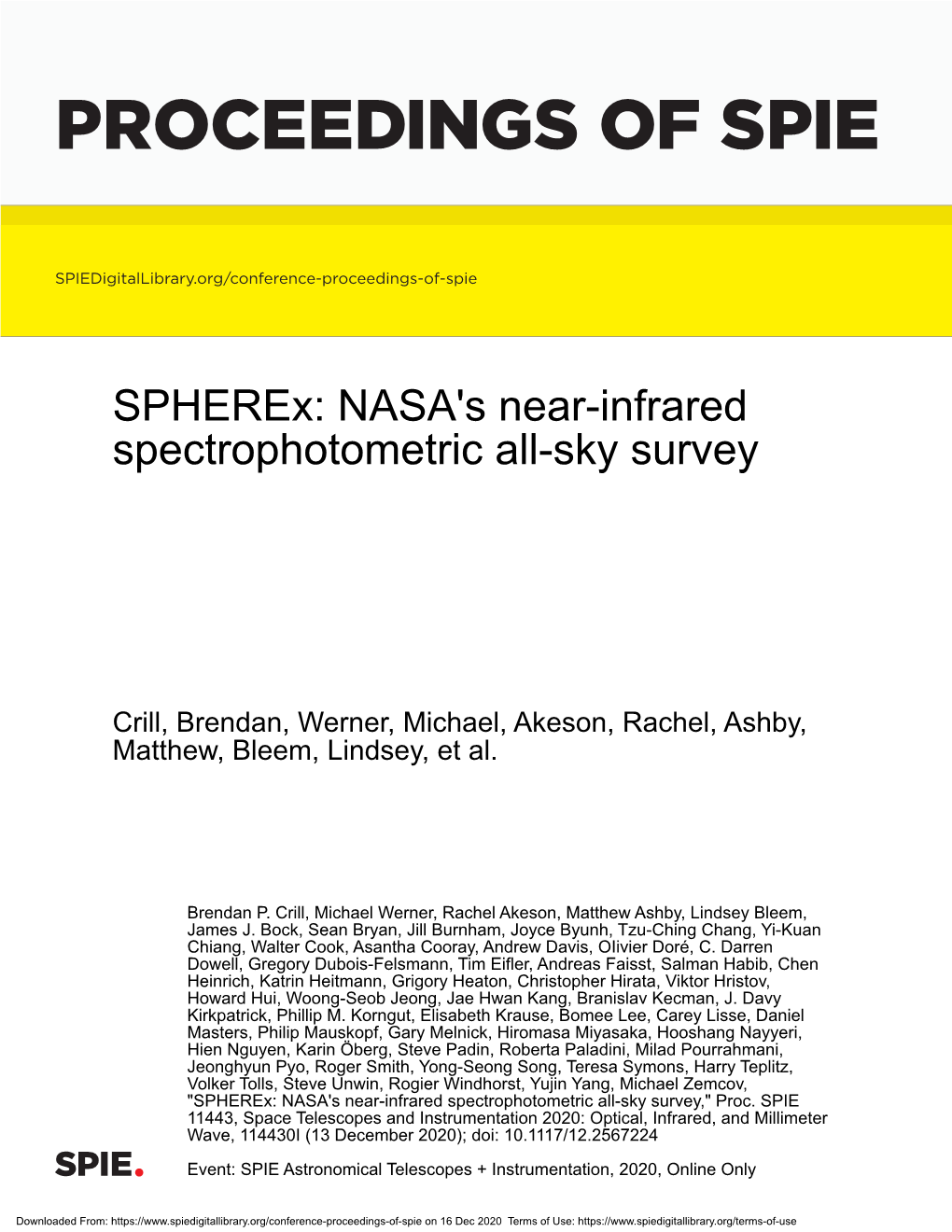 Spherex: NASA's Near-Infrared Spectrophotometric All-Sky Survey