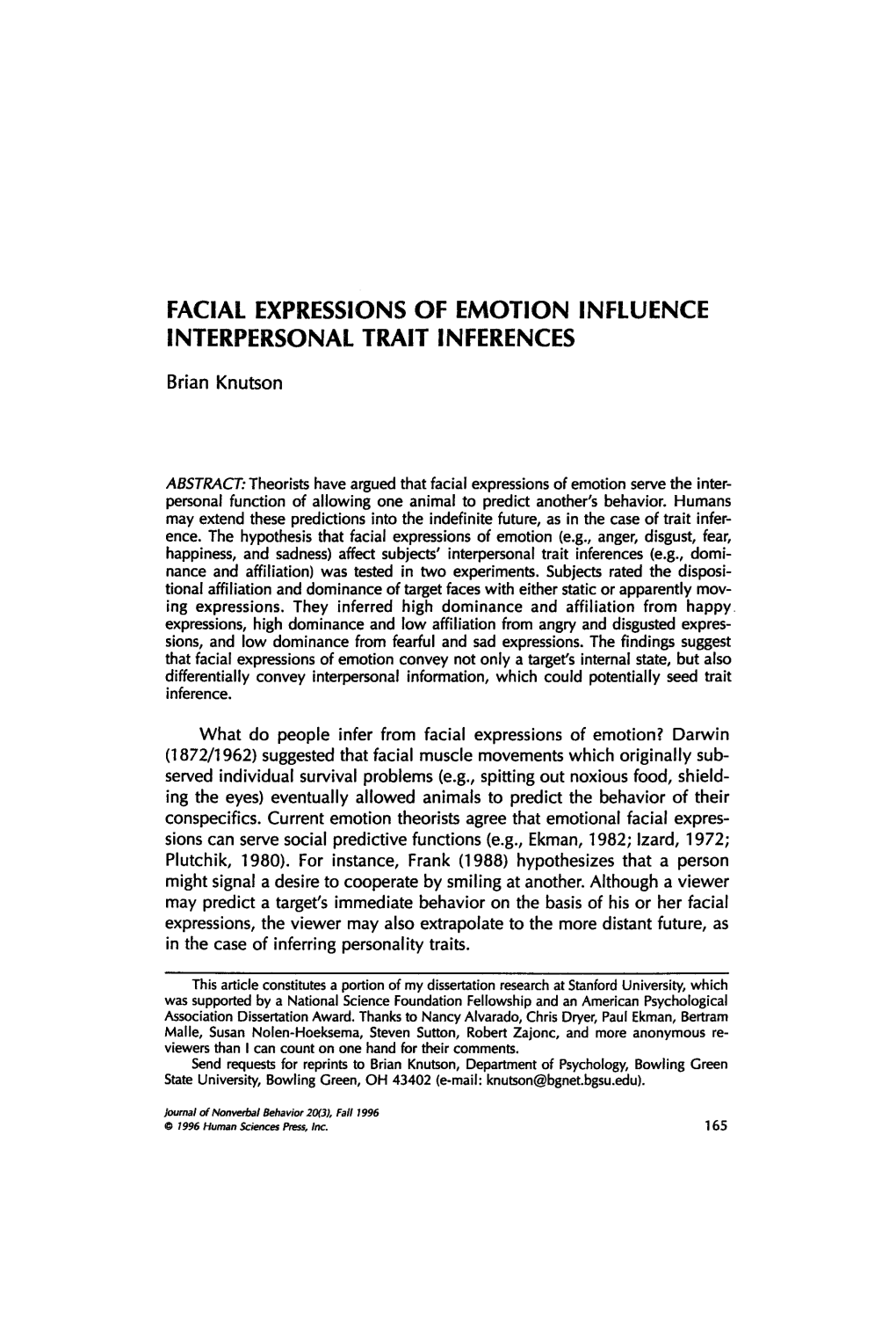 Facial Expressions of Emotion Influence Interpersonal Trait Inferences