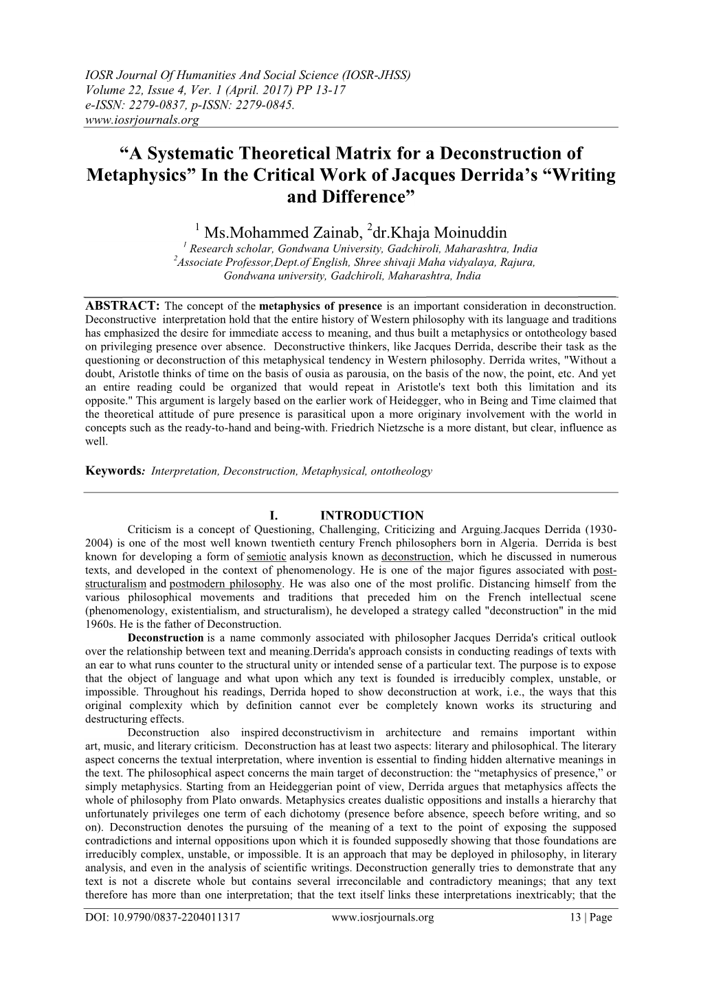 “A Systematic Theoretical Matrix for a Deconstruction of Metaphysics” in the Critical Work of Jacques Derrida’S “Writing and Difference”