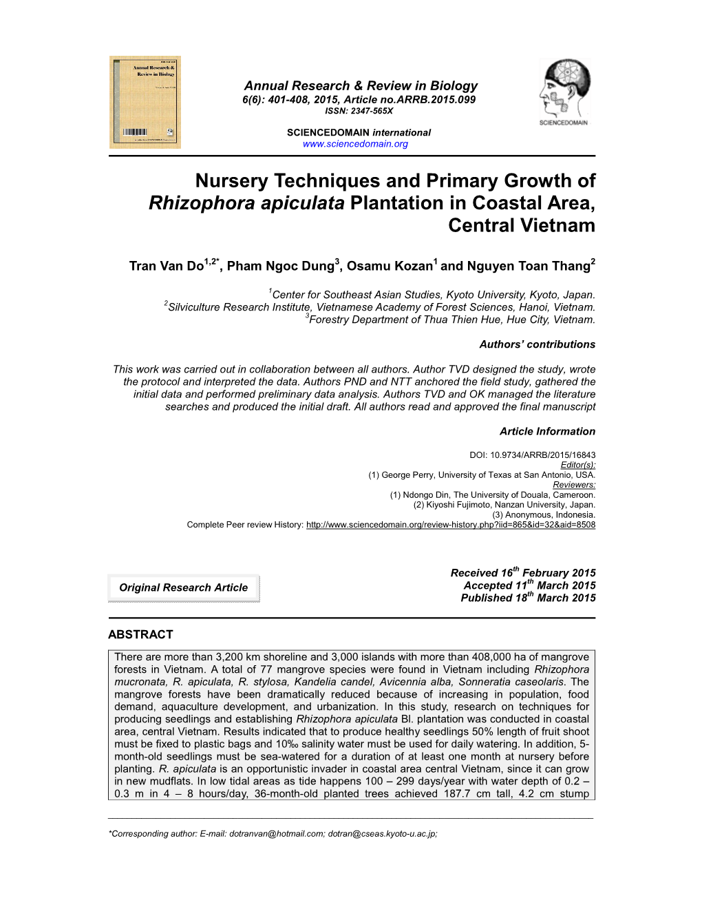 Nursery Techniques and Primary Growth of Rhizophora Apiculata Plantation in Coastal Area, Central Vietnam