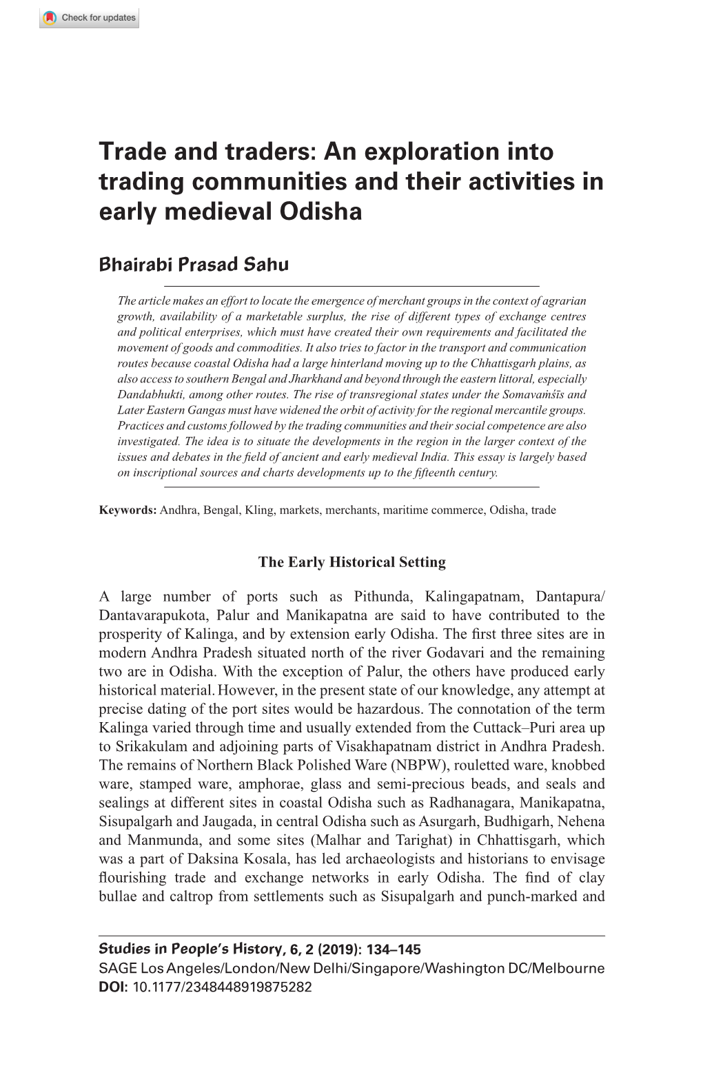 Trade and Traders: an Exploration Into Trading Communities and Their Activities in Early Medieval Odisha