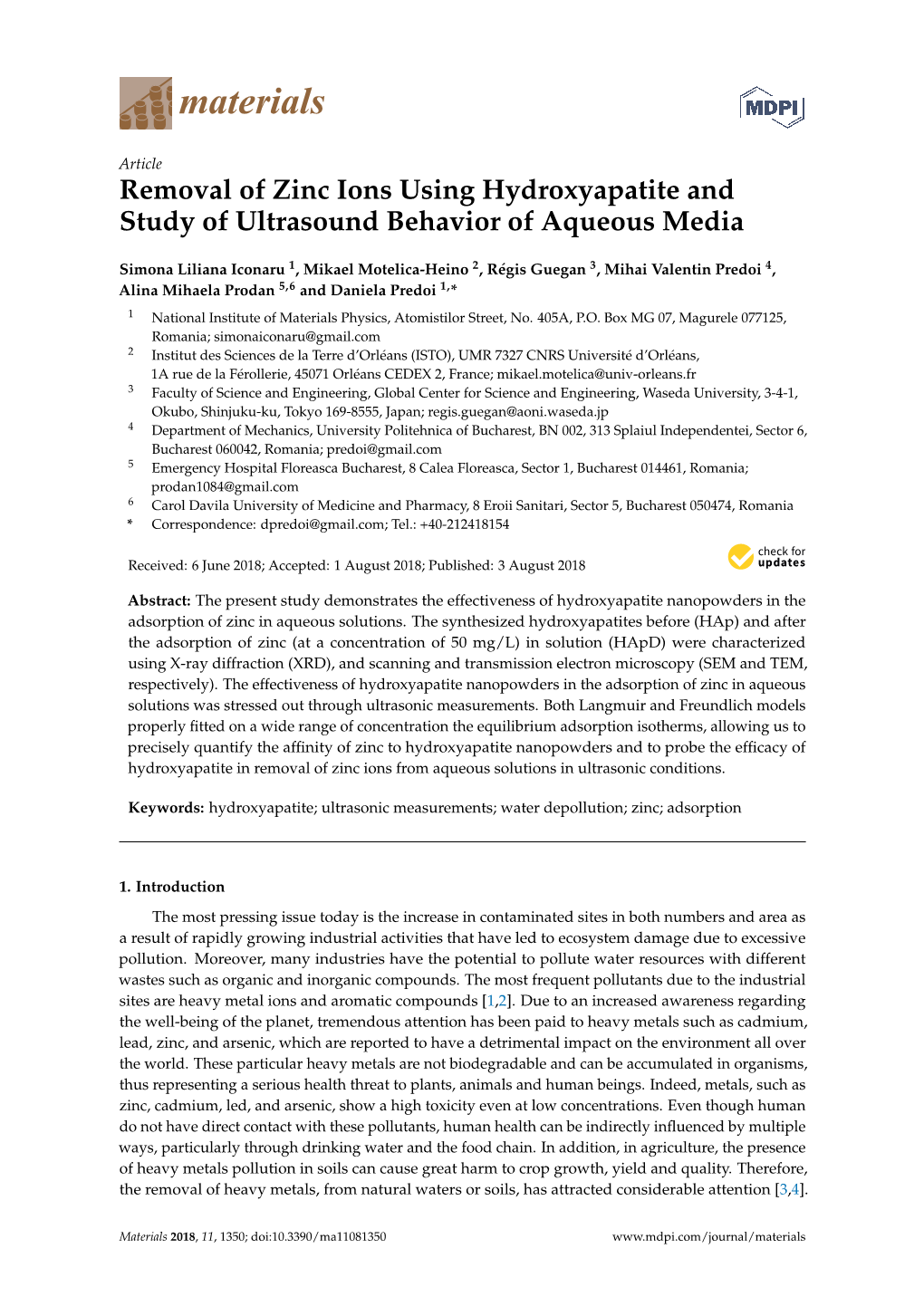 Removal of Zinc Ions Using Hydroxyapatite and Study of Ultrasound Behavior of Aqueous Media