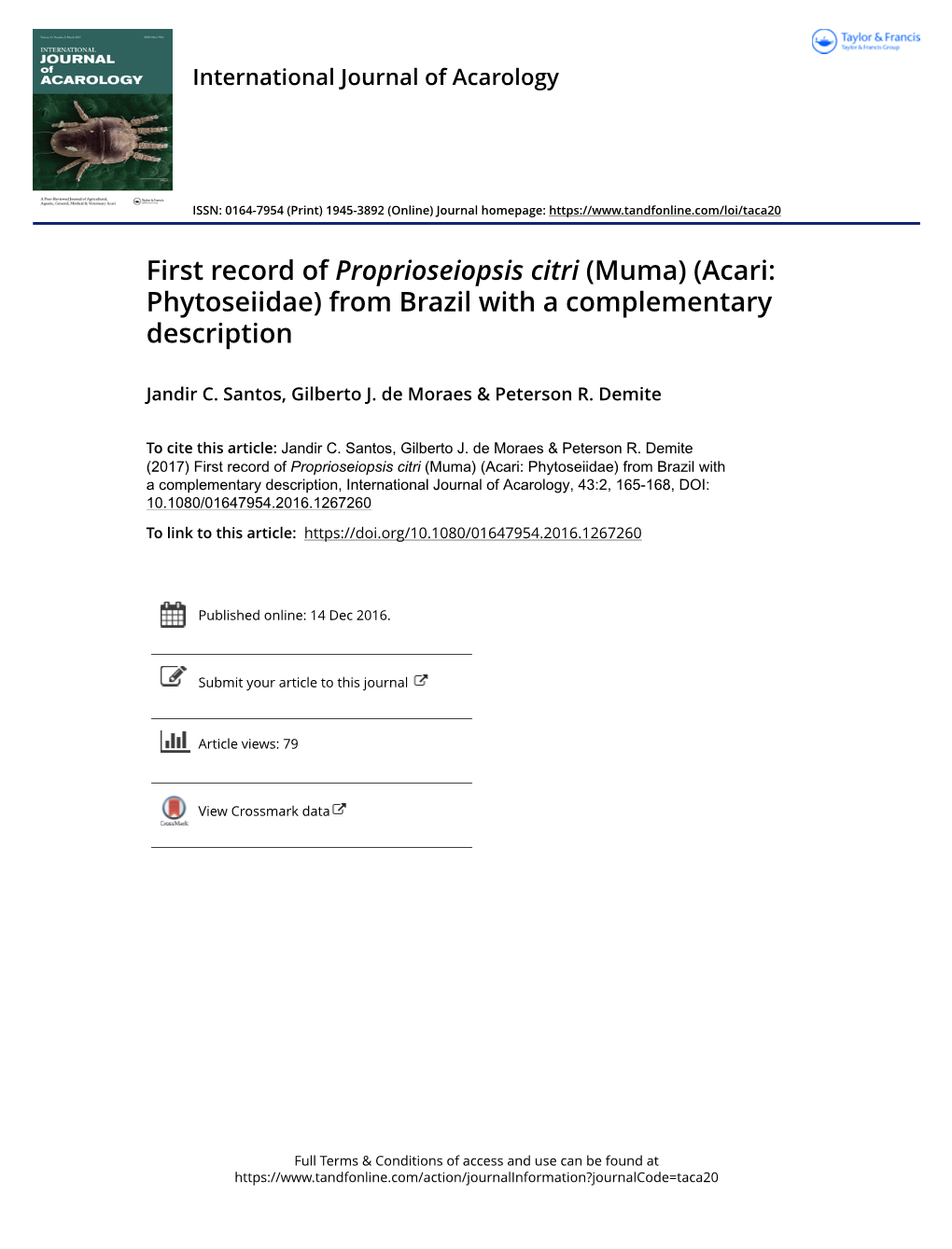 First Record of Proprioseiopsis Citri (Muma) (Acari: Phytoseiidae) from Brazil with a Complementary Description