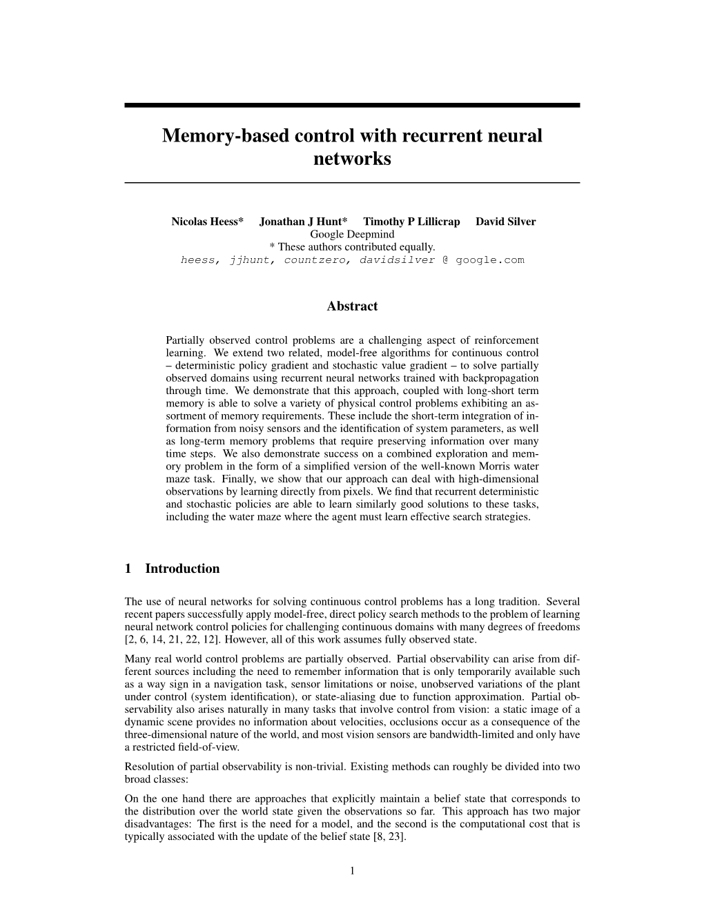 Memory-Based Control with Recurrent Neural Networks