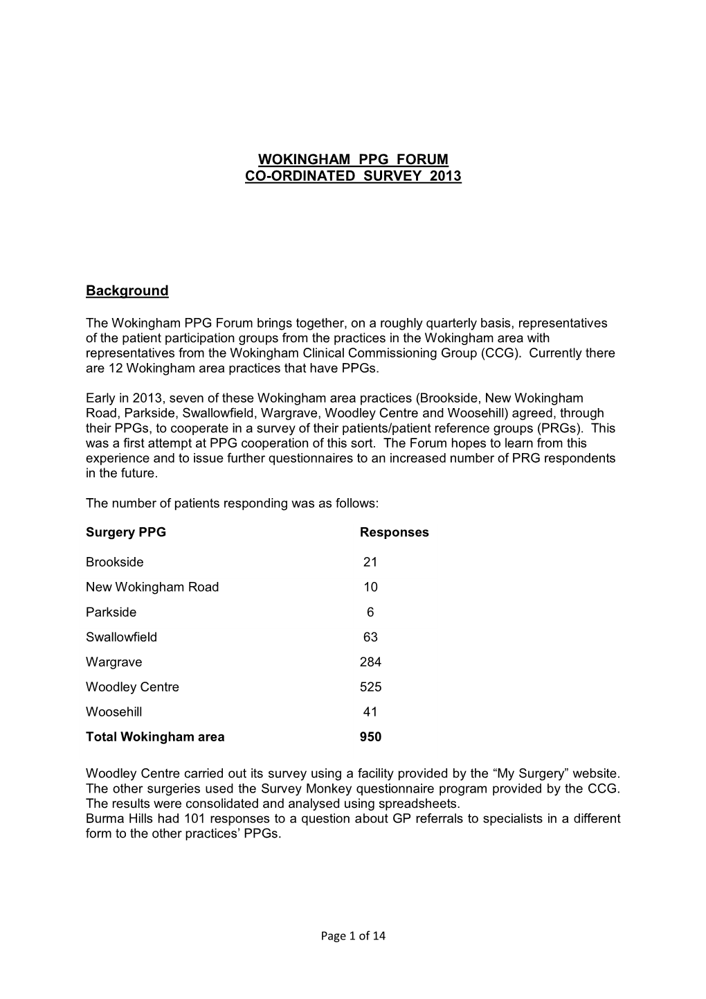 Wokingham Ppg Forum Co-Ordinated Survey 2013