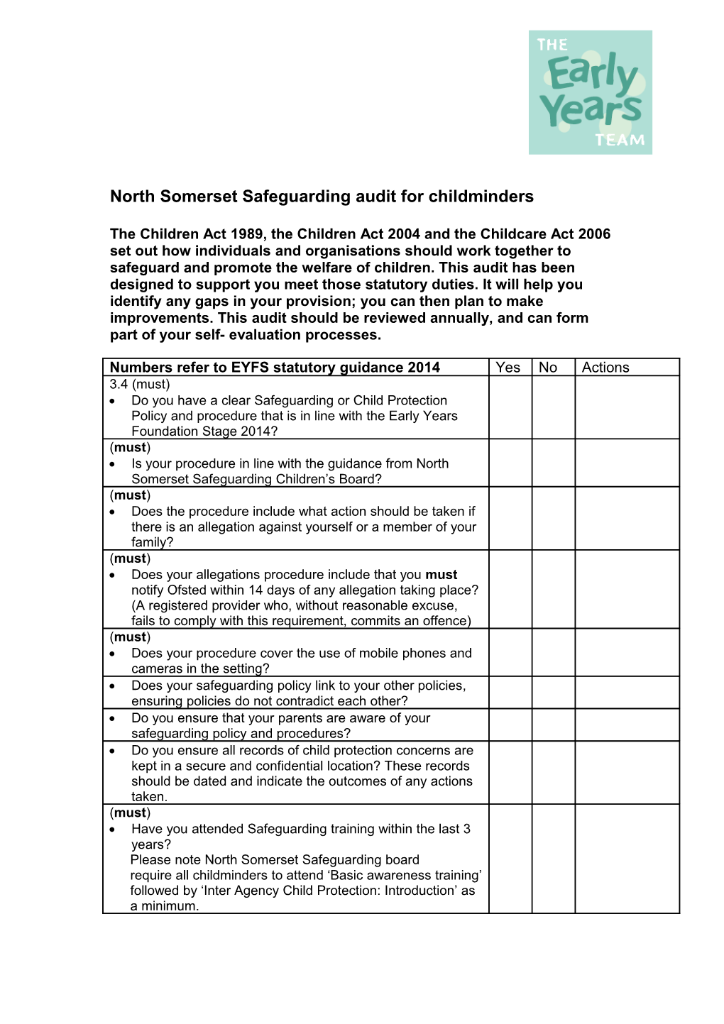 North Somerset Safeguarding Audit for Childminders