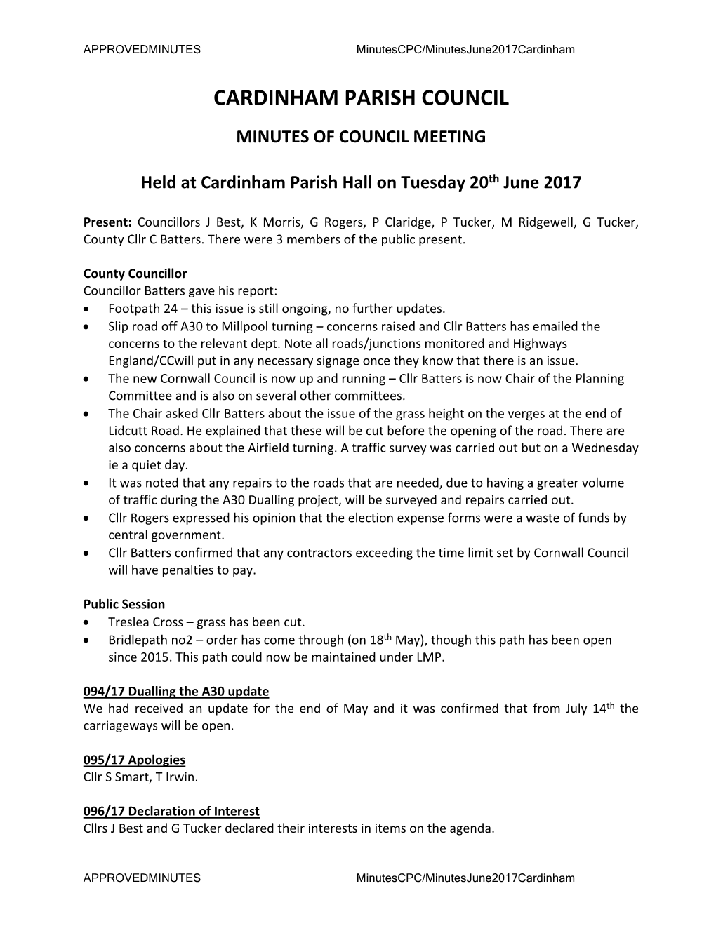 Cardinham Parish Council Minutes of Council Meeting