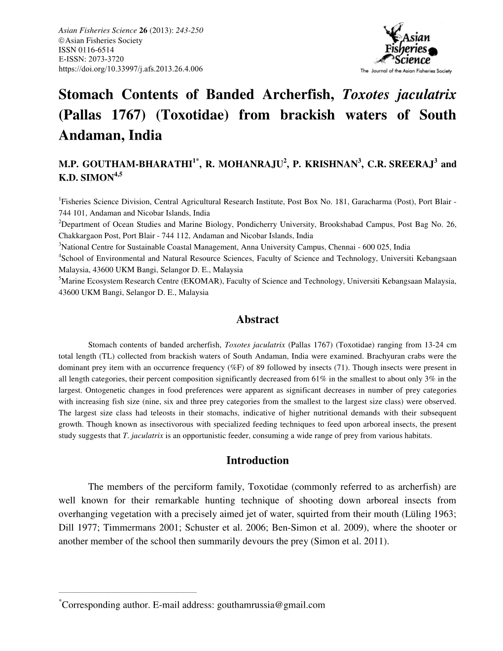 Stomach Contents of Banded Archerfish, Toxotes Jaculatrix (Pallas 1767) (Toxotidae) from Brackish Waters of South Andaman, India