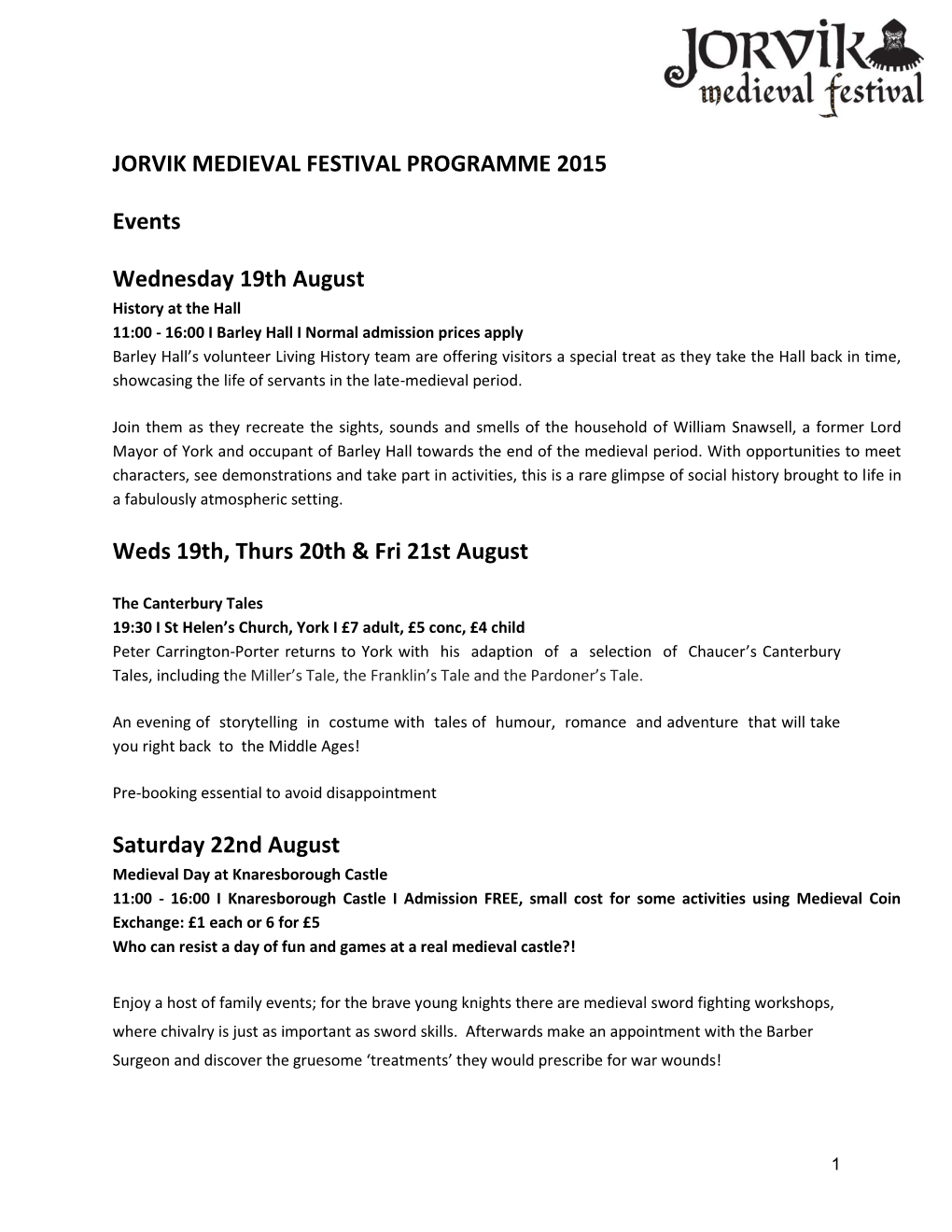 Jorvik Medieval Festival Programme 2015