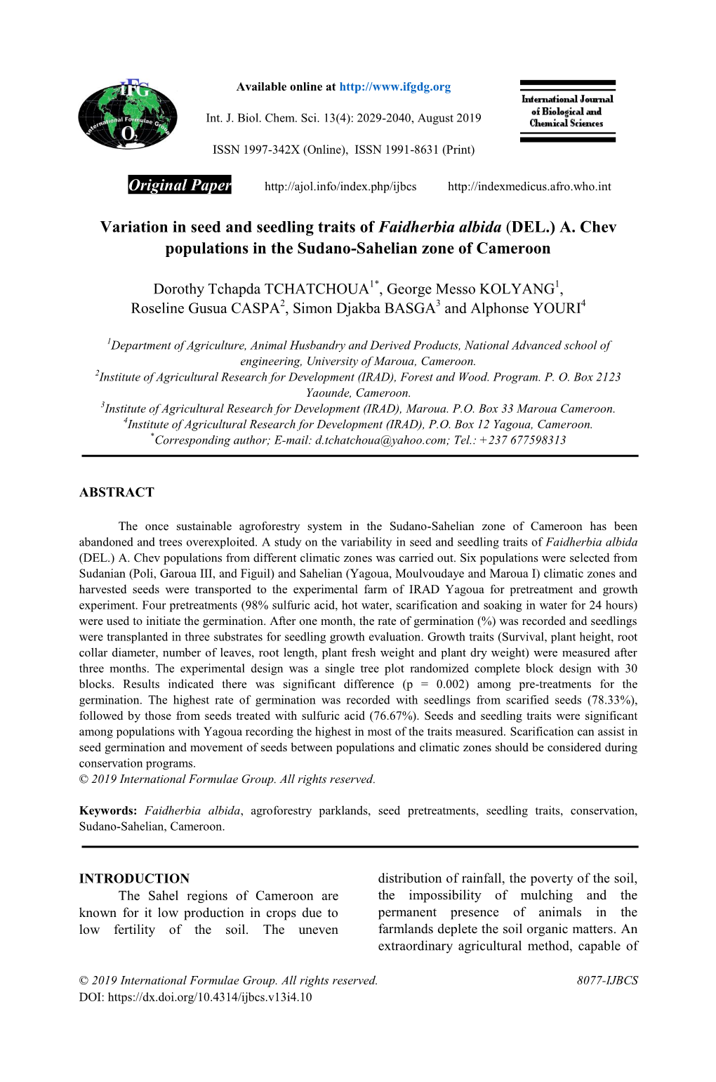 Variation in Seed and Seedling Traits of Faidherbia Albida (DEL.) A. Chev Populations in the Sudano-Sahelian Zone of Cameroon