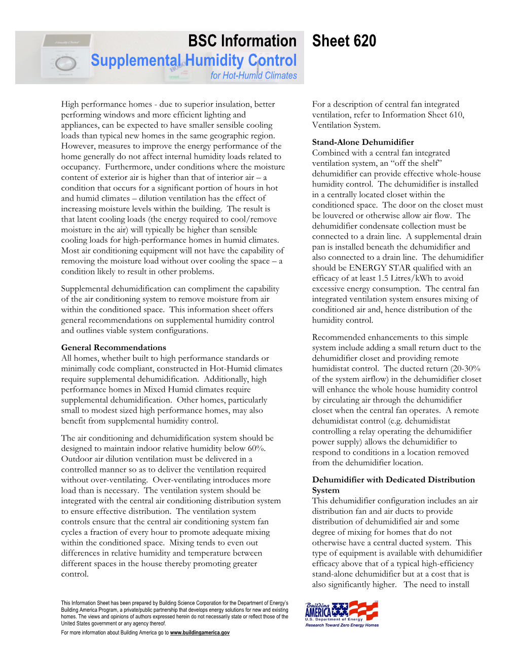 BSC Information Sheet 620 Supplemental Humidity Control for Hot-Humid Climates