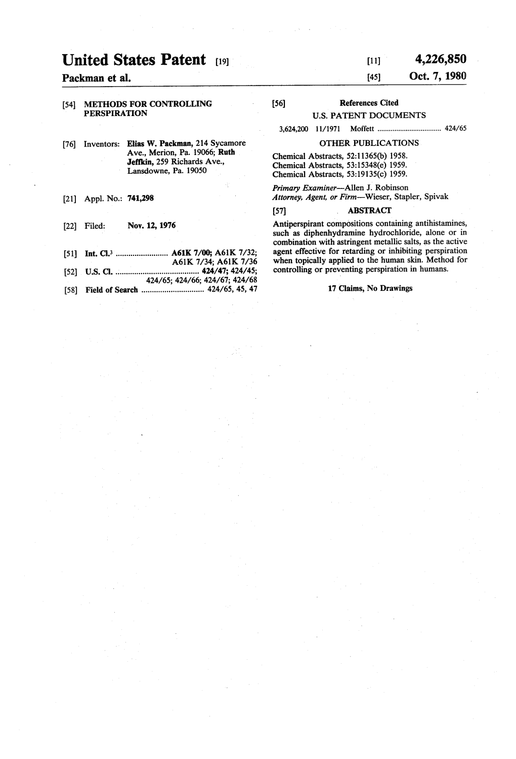 United States Patent (19) 11 4,226,850 Packman Et Al