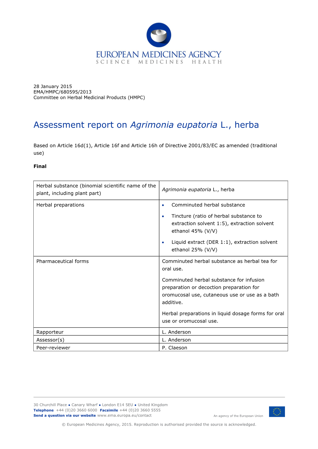 Assessment Report on Agrimonia Eupatoria L., Herba