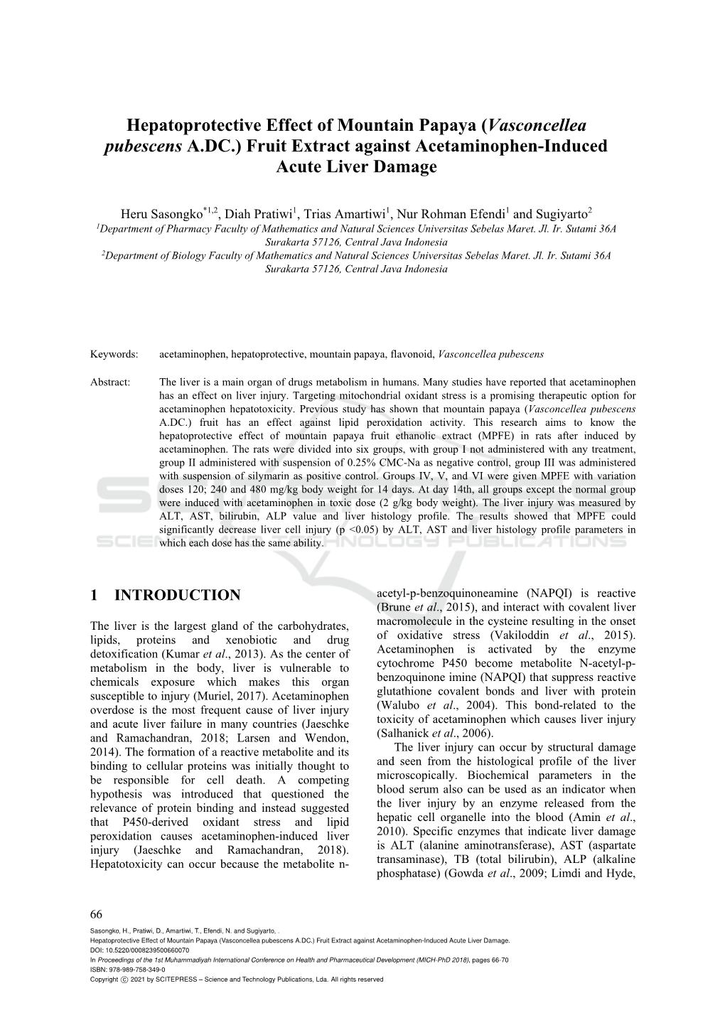 Hepatoprotective Effect of Mountain Papaya (Vasconcellea Pubescens A.DC.) Fruit Extract Against Acetaminophen-Induced Acute Liver Damage