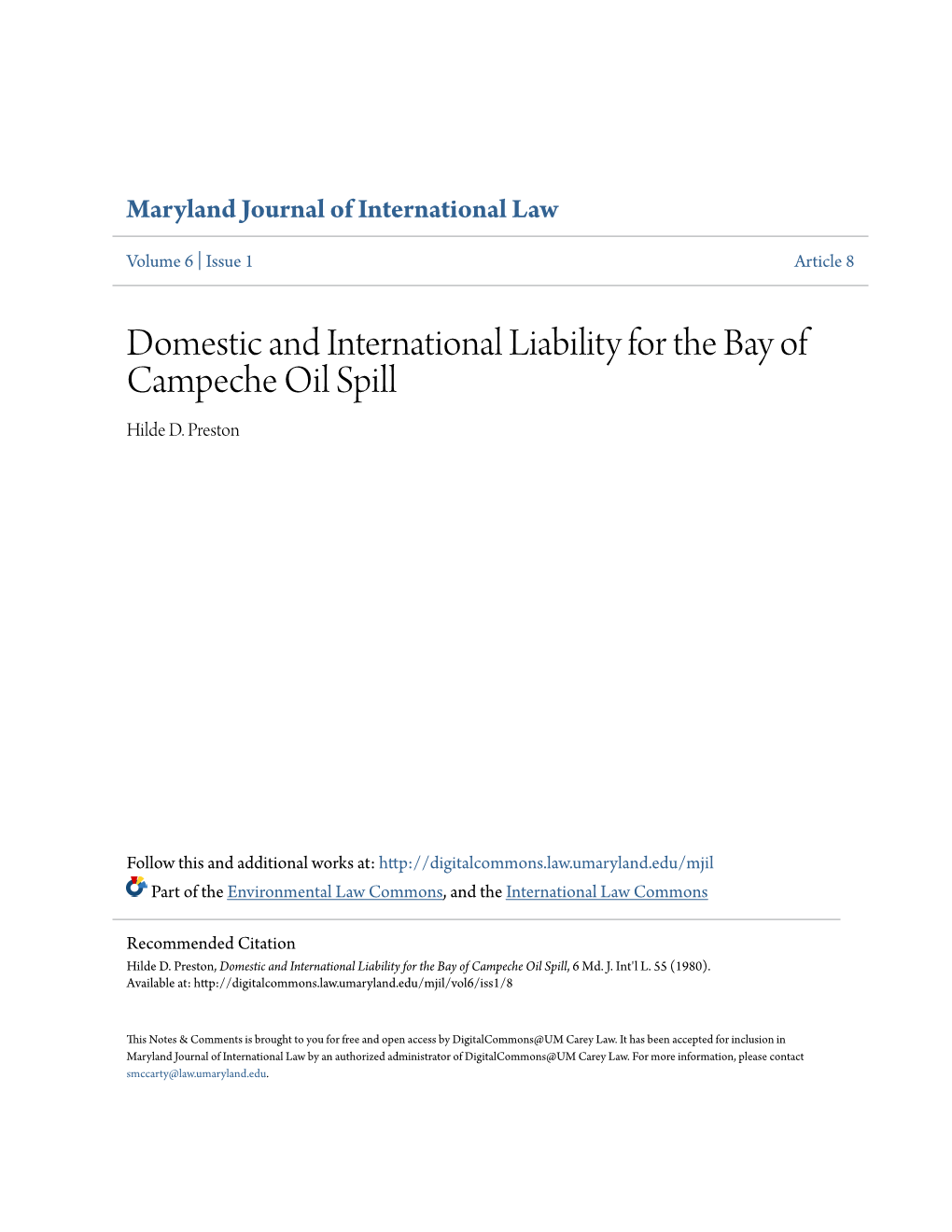 Domestic and International Liability for the Bay of Campeche Oil Spill Hilde D