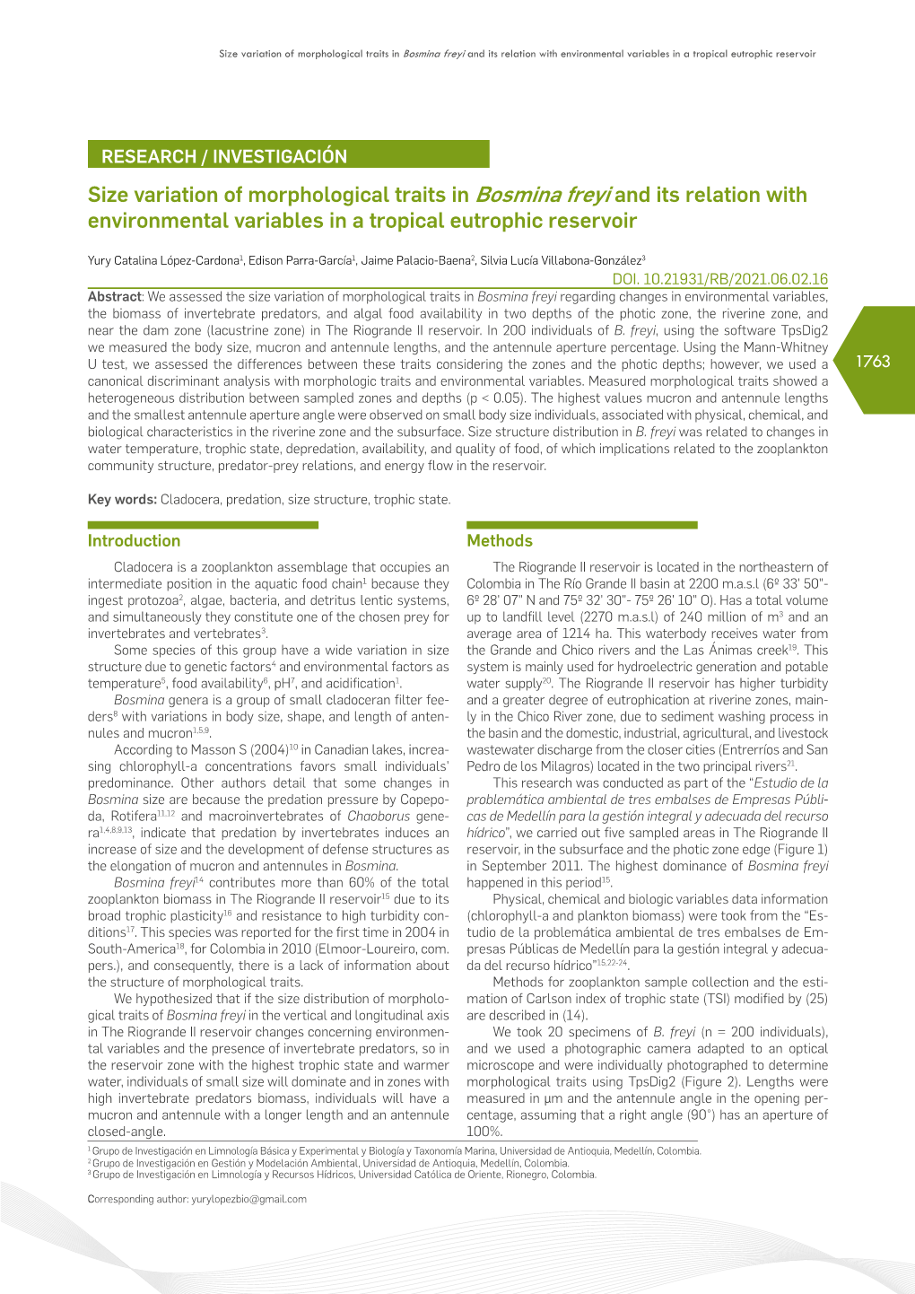 Size Variation of Morphological Traits in Bosmina Freyi and Its Relation with Environmental Variables in a Tropical Eutrophic Reservoir