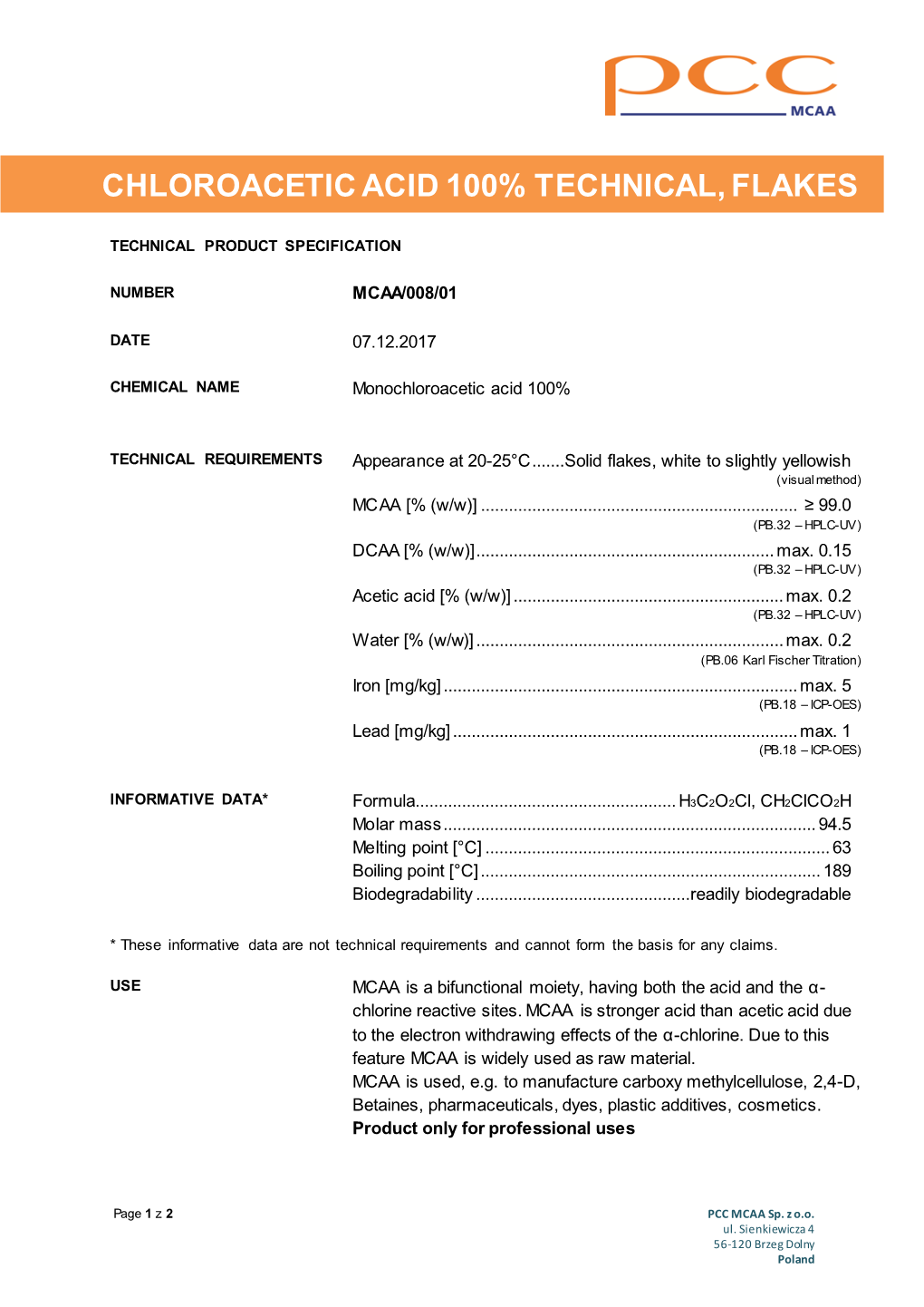 Chloroacetic Acid 100% Technical, Flakes