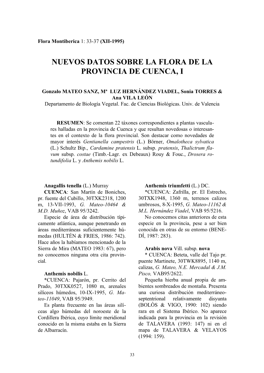 Nuevos Datos Sobre La Flora De La Provincia De Cuenca, I