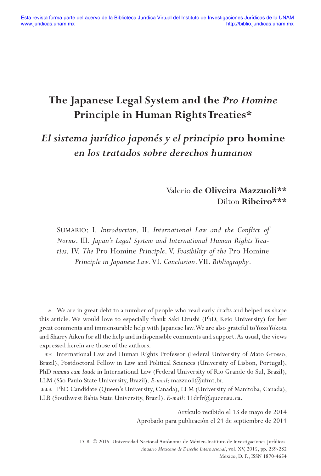 The Japanese Legal System and the Pro Homine Principle in Human Rights Treaties*