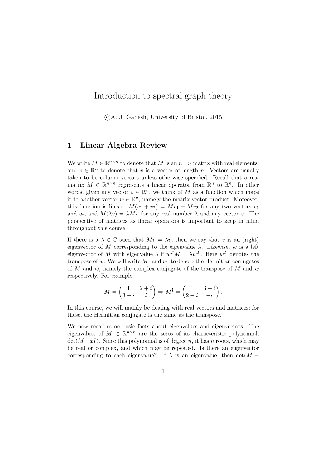 Introduction to Spectral Graph Theory