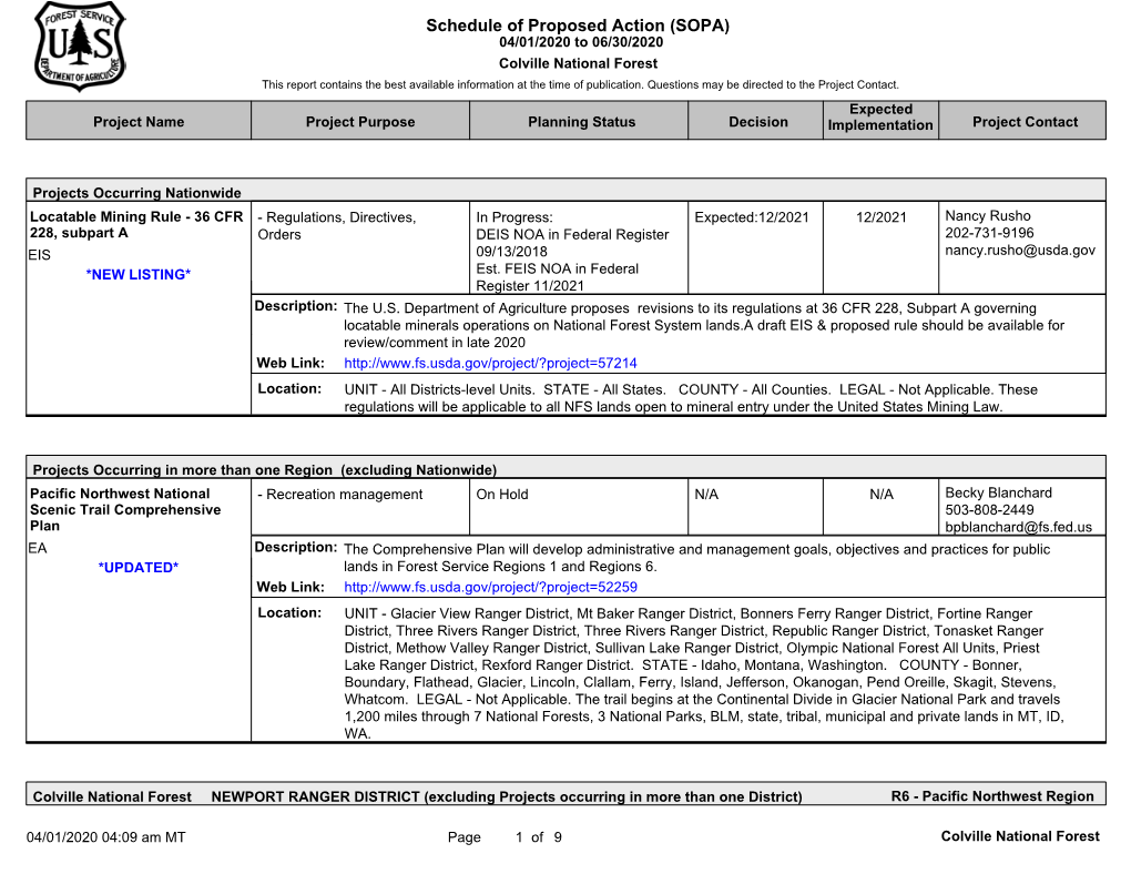 Colville National Forest This Report Contains the Best Available Information at the Time of Publication