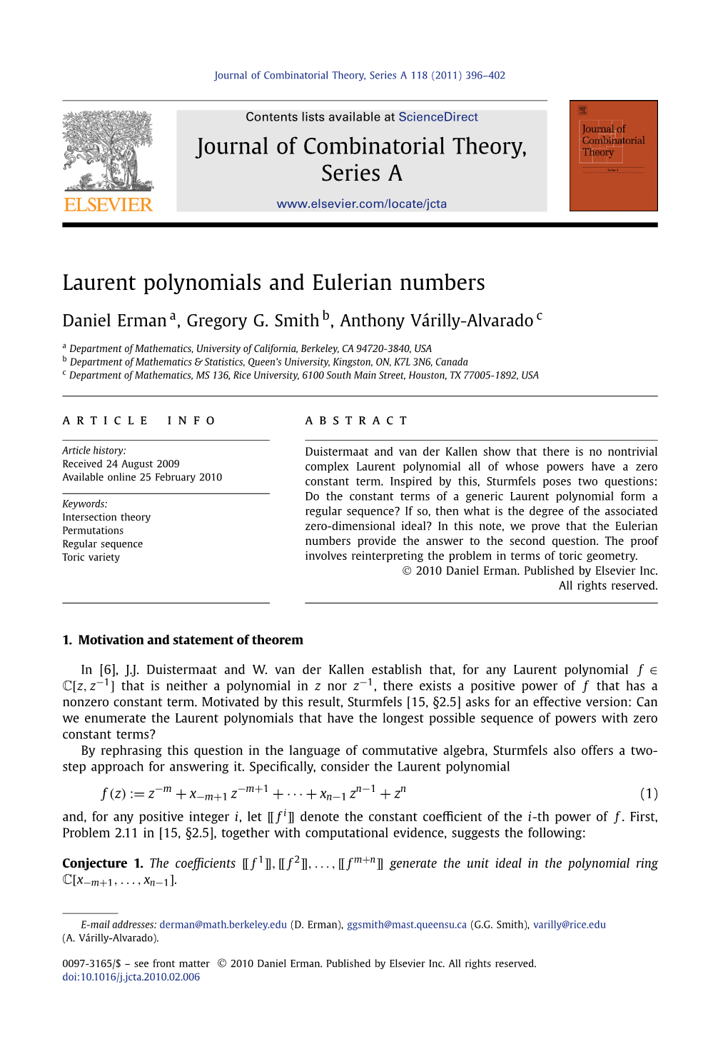 Laurent Polynomials and Eulerian Numbers