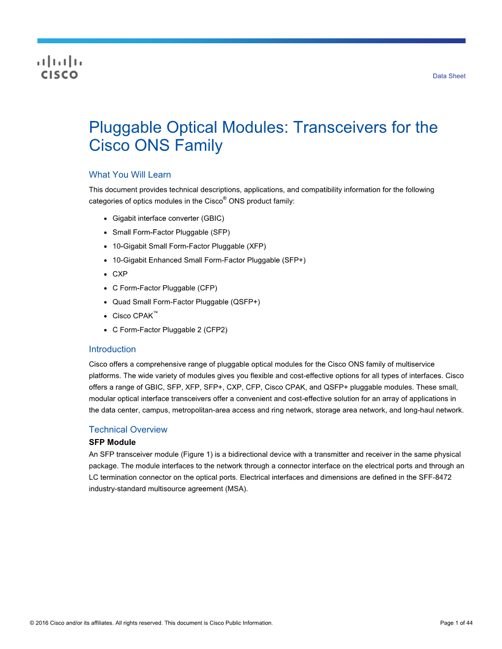 Pluggable Optical Modules: Transceivers for the Cisco ONS Family