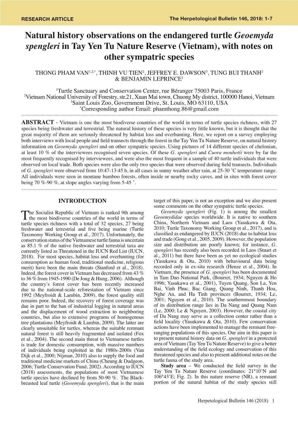 Natural History Observations on the Endangered Turtle Geoemyda Spengleri in Tay Yen Tu Nature Reserve (Vietnam), with Notes on Other Sympatric Species