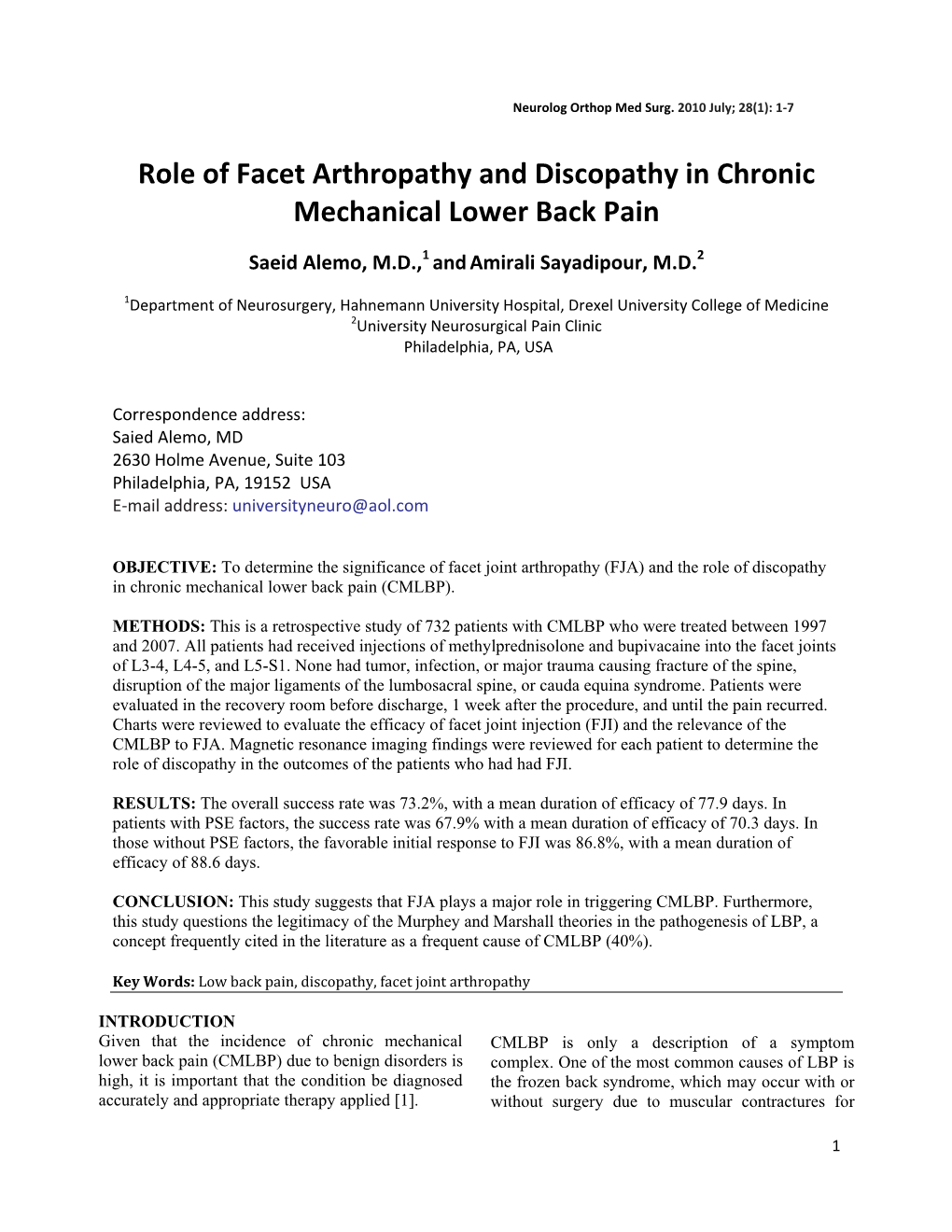 Role of Facet Arthropathy and Discopathy in Chronic Mechanical Lower Back Pain