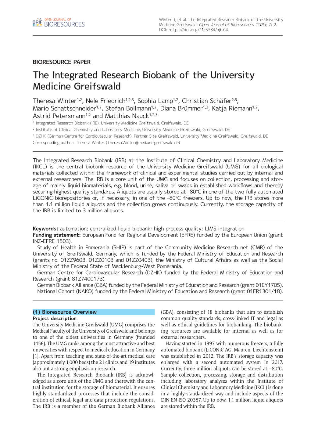 The Integrated Research Biobank of the University Medicine Greifswald