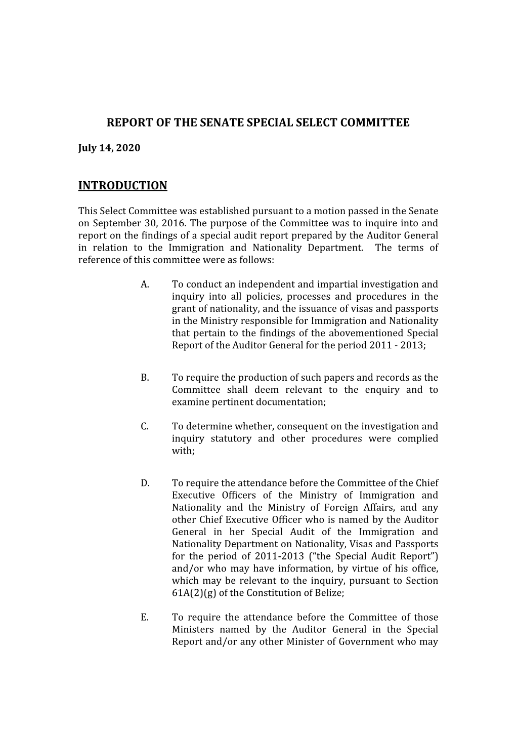 Report of the Senate Special Select Committee