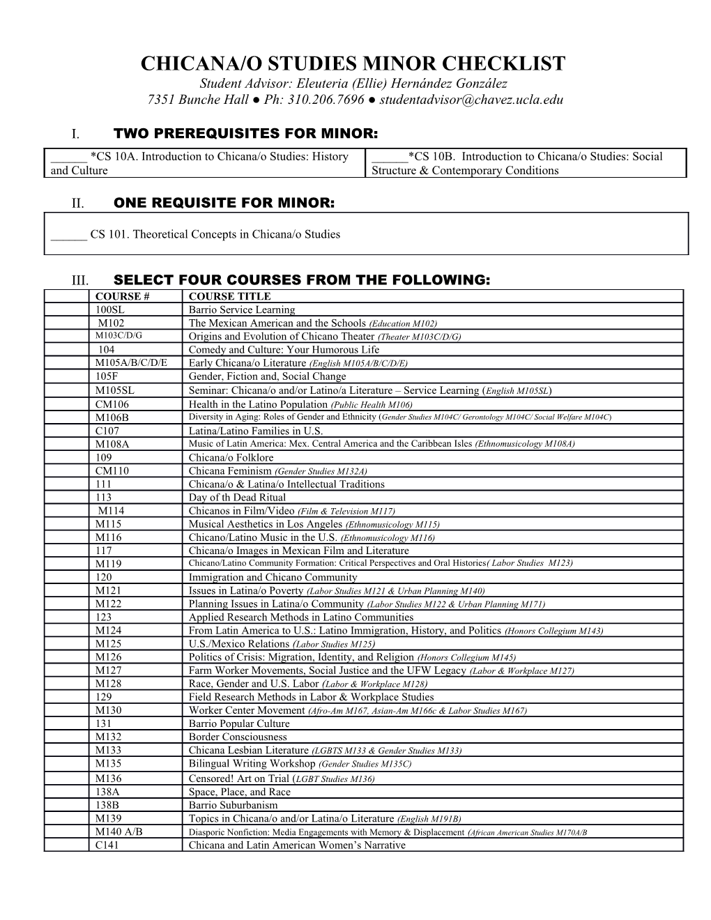 Chicana/O Studies Major Checklist