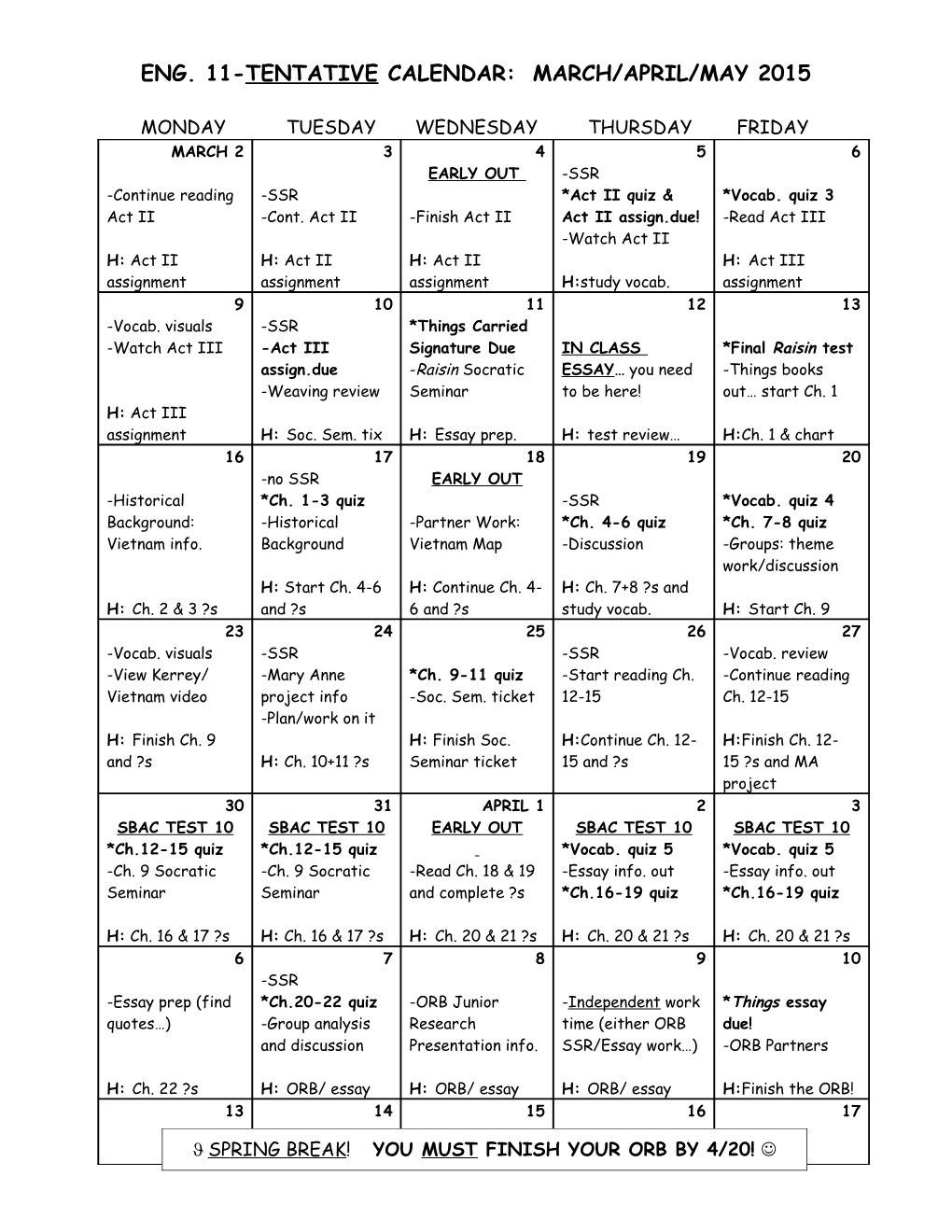 English 11- Tentative Calendar