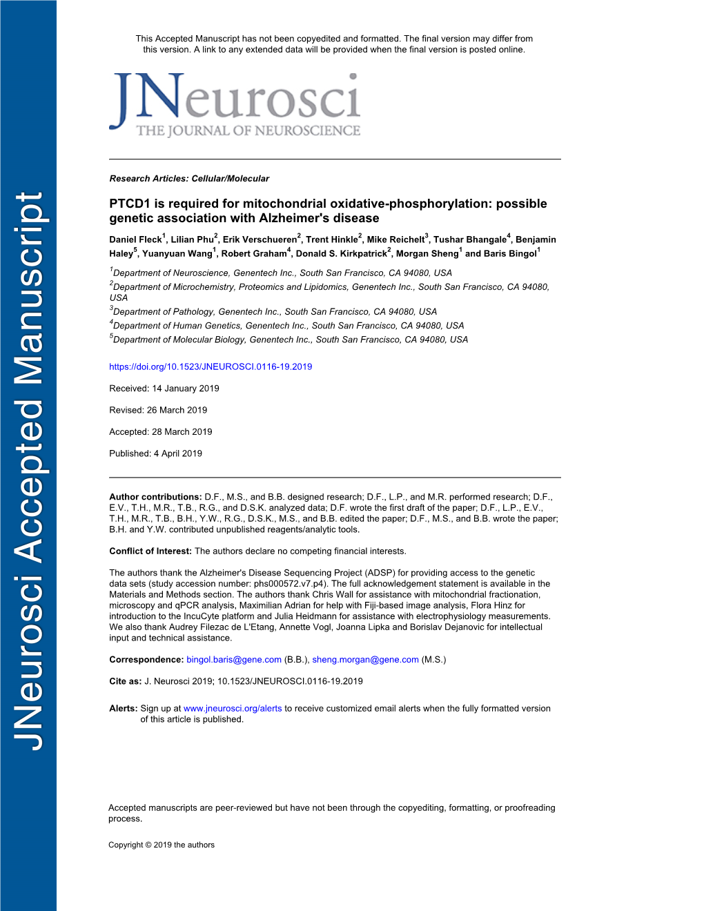 PTCD1 Is Required for Mitochondrial Oxidative-Phosphorylation: Possible Genetic Association with Alzheimer's Disease