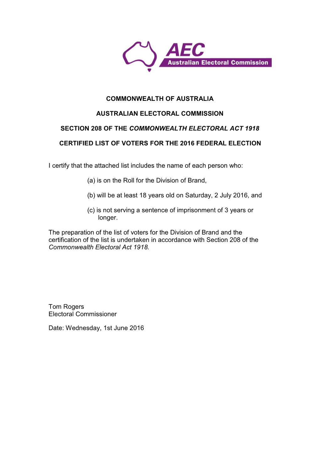 Certification of Certified List of Voters for the 2016 Federal Election